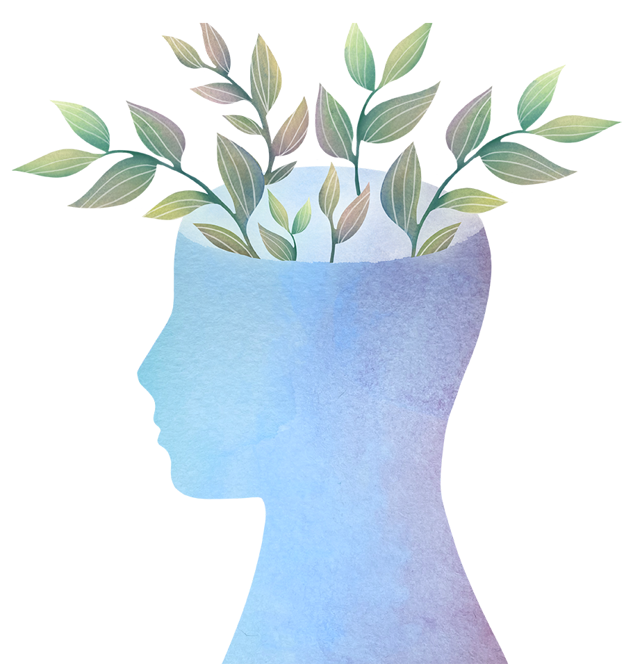 Watercolor illustration of a human head in profile with leaves growing from the head, symbolizing growth or ideas.