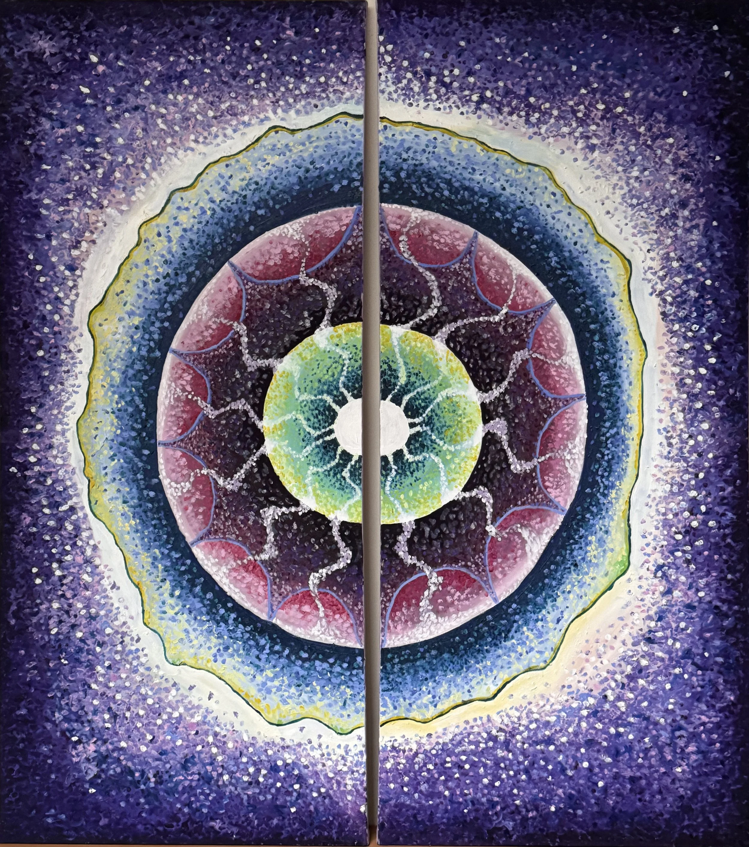 "Cosmic Kiwi," oil on canvas diptych, 46"x52"