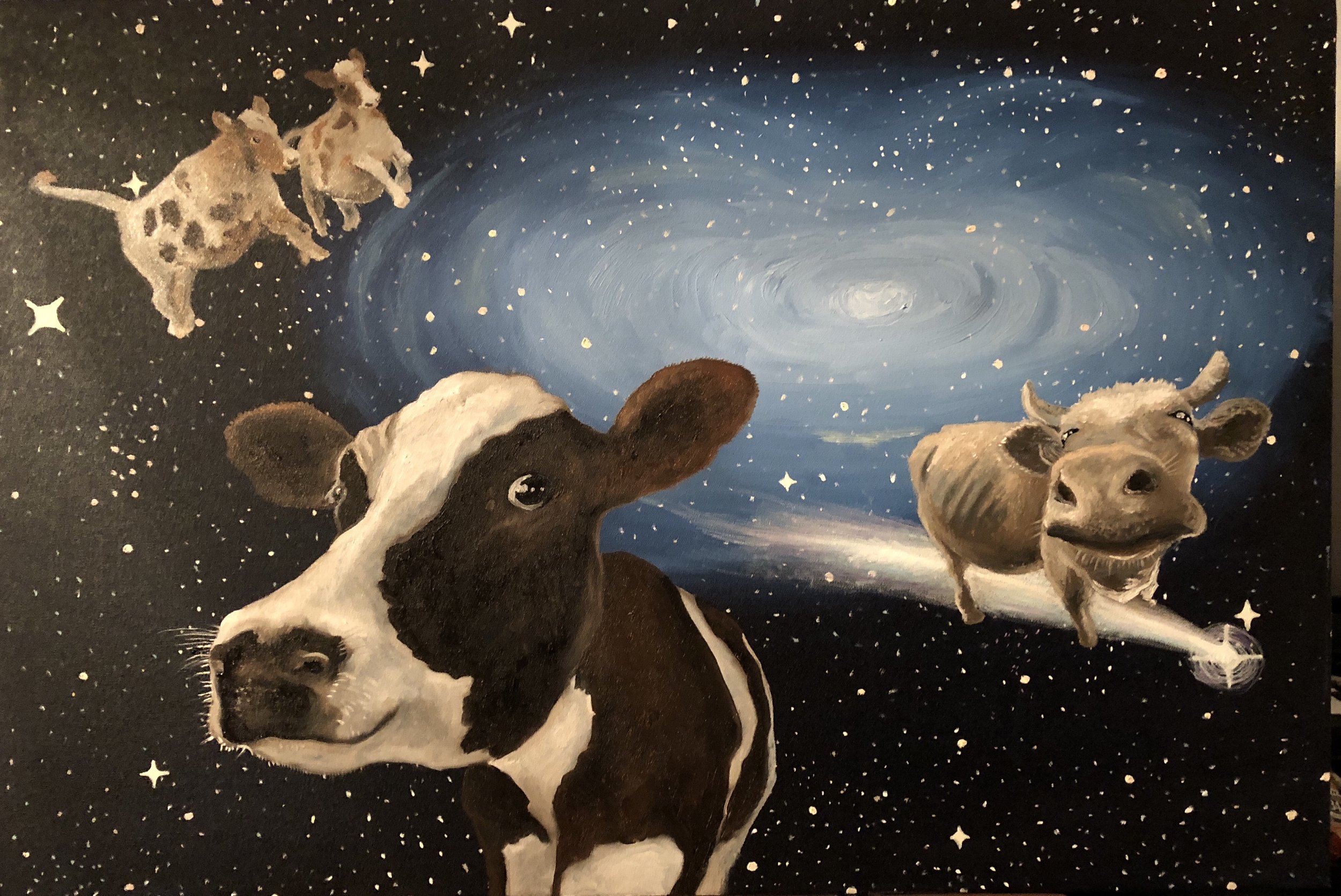 "Cows in Space," oil on canvas, 36"x24"