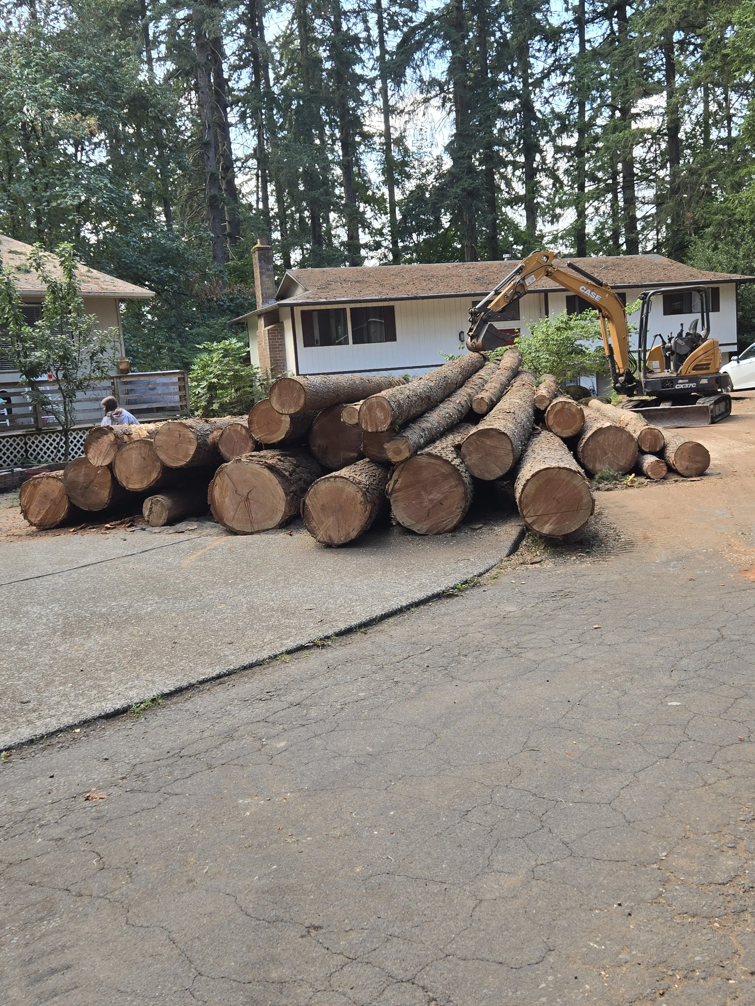 Excavator stacking logs on a residential property — logging and timber harvest | North Woods Tree Service