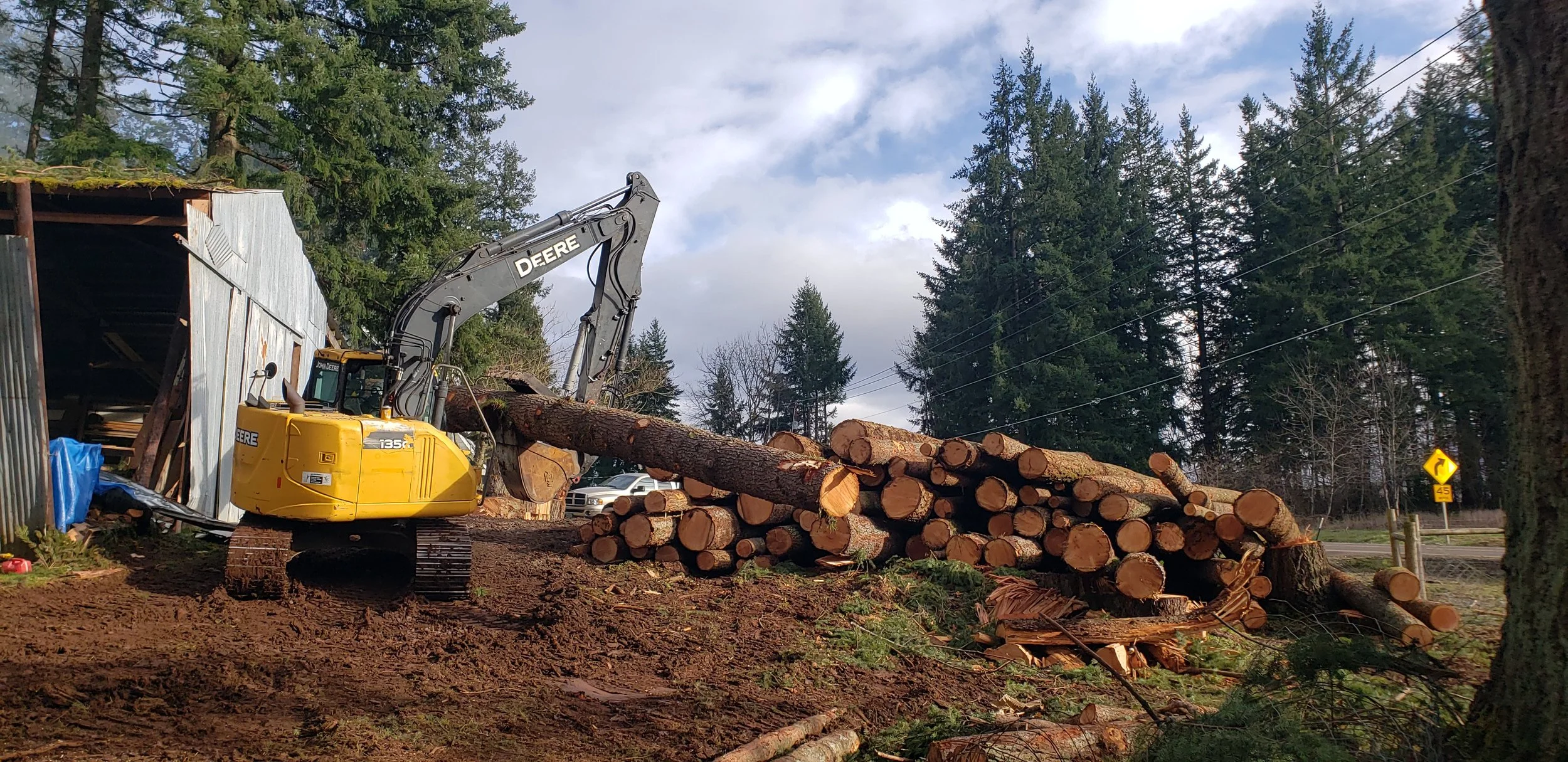 Excavator moving logs on a residential property after a selective logging job | North Woods Tree Service