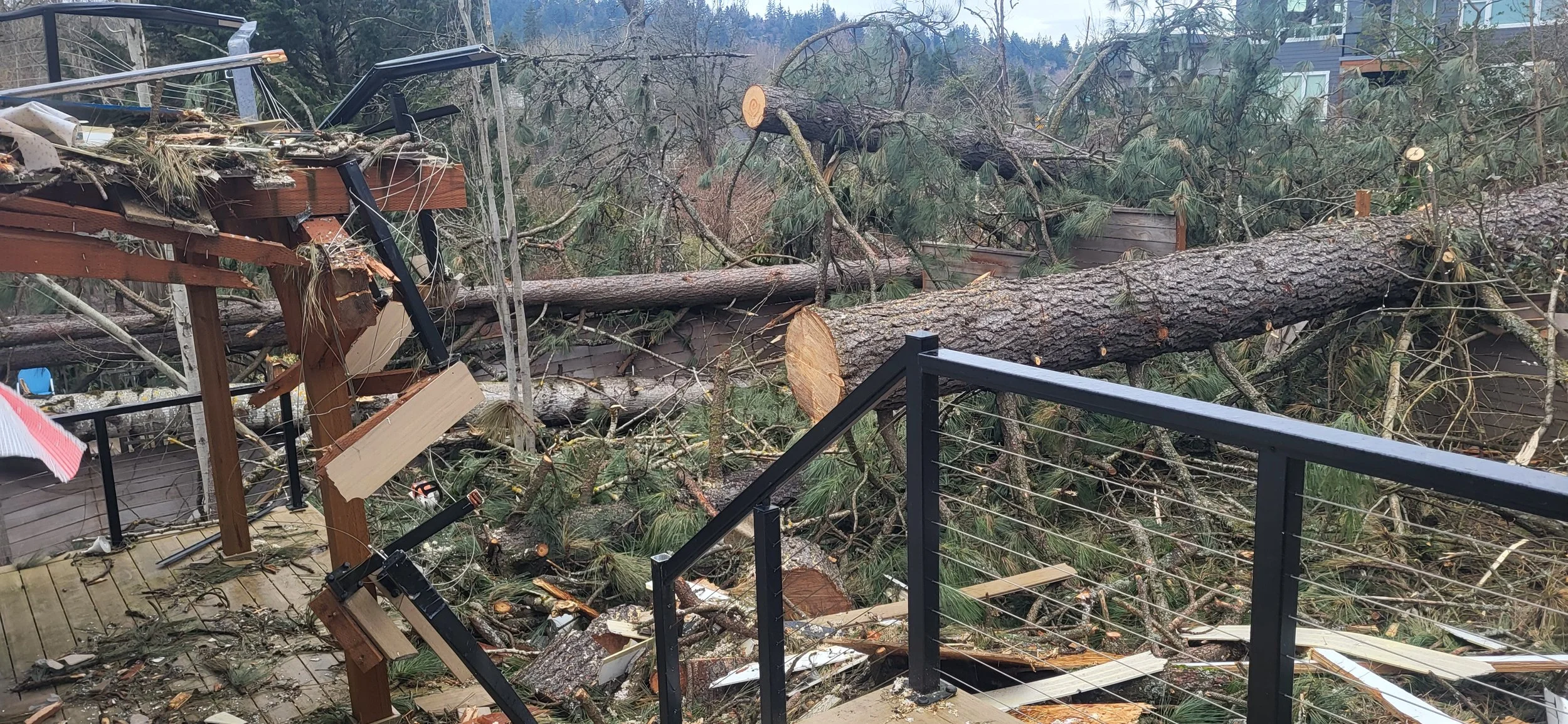 Several fallen trees crushing a residential deck — emergency storm damage cleanup | North Woods Tree Service