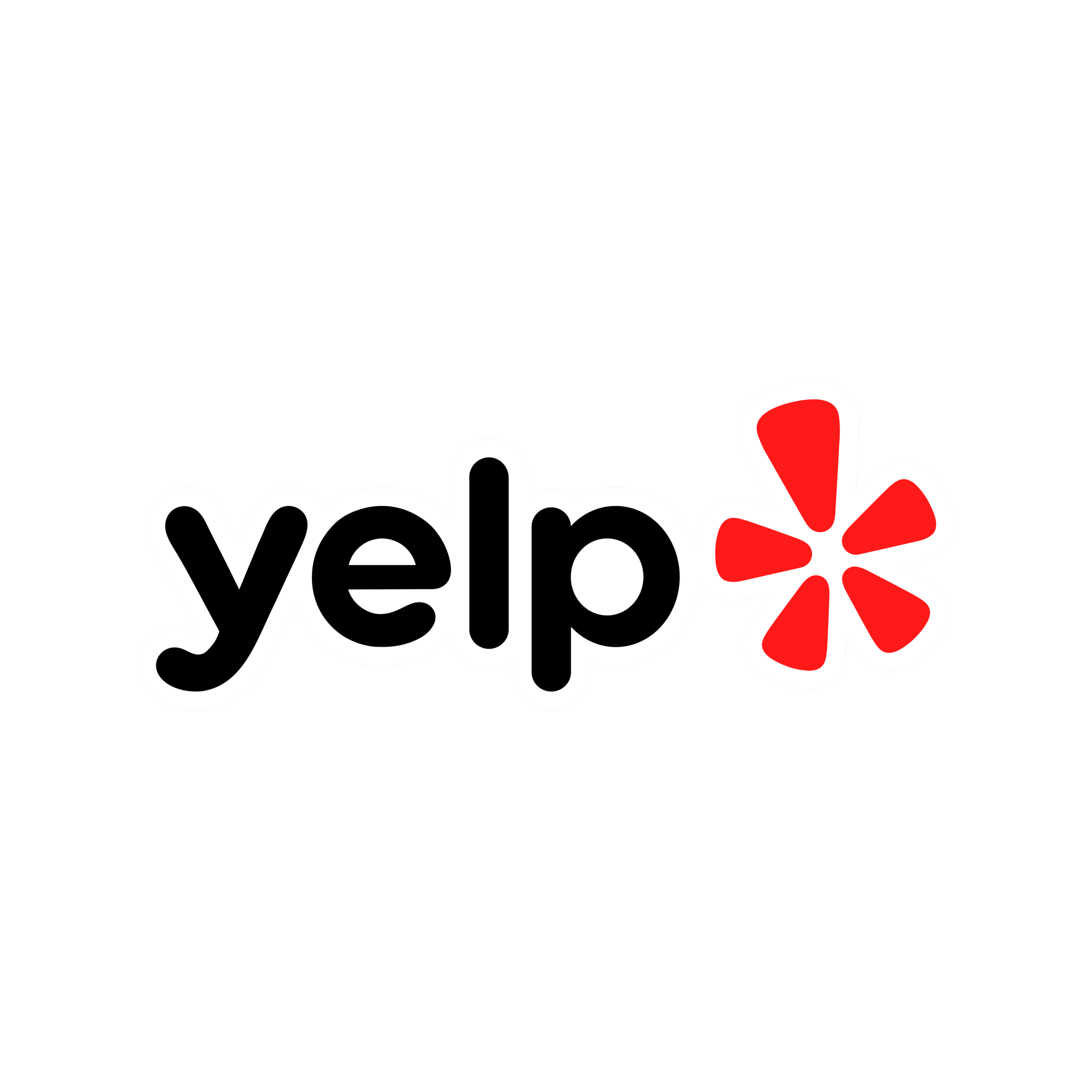 Yelp logo with black background, white outlined lowercase text and a red flower symbol.