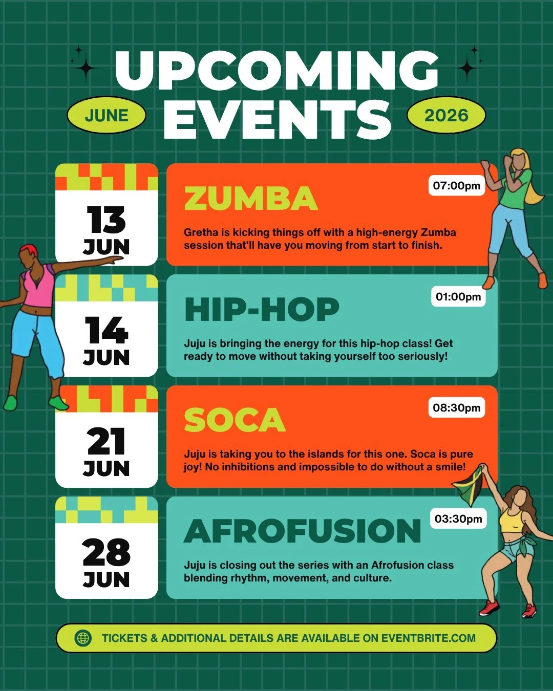 The World Cup is here, and we're celebrating the only way we know how &mdash; on the dance floor.⚽💃🌍 

This June, we're bringing you a four-class dance series inspired by the cultures lighting up the pitch this summer. 

🟢 Jun 13 &middot; Zumba wi