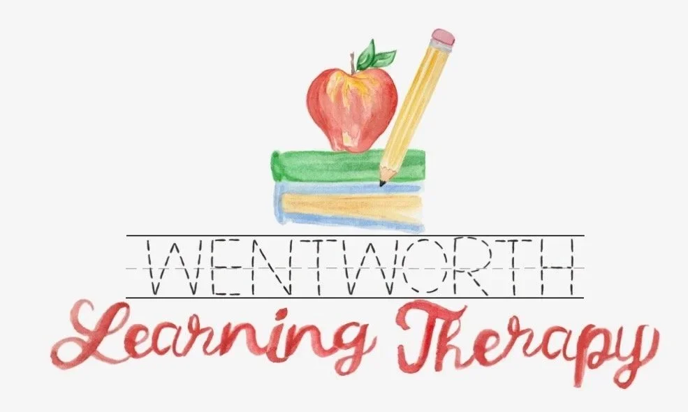 Colorful illustration of an apple, multi-colored books, and a pencil, with the words 'WENTWORTH Learning Therapy' written below.