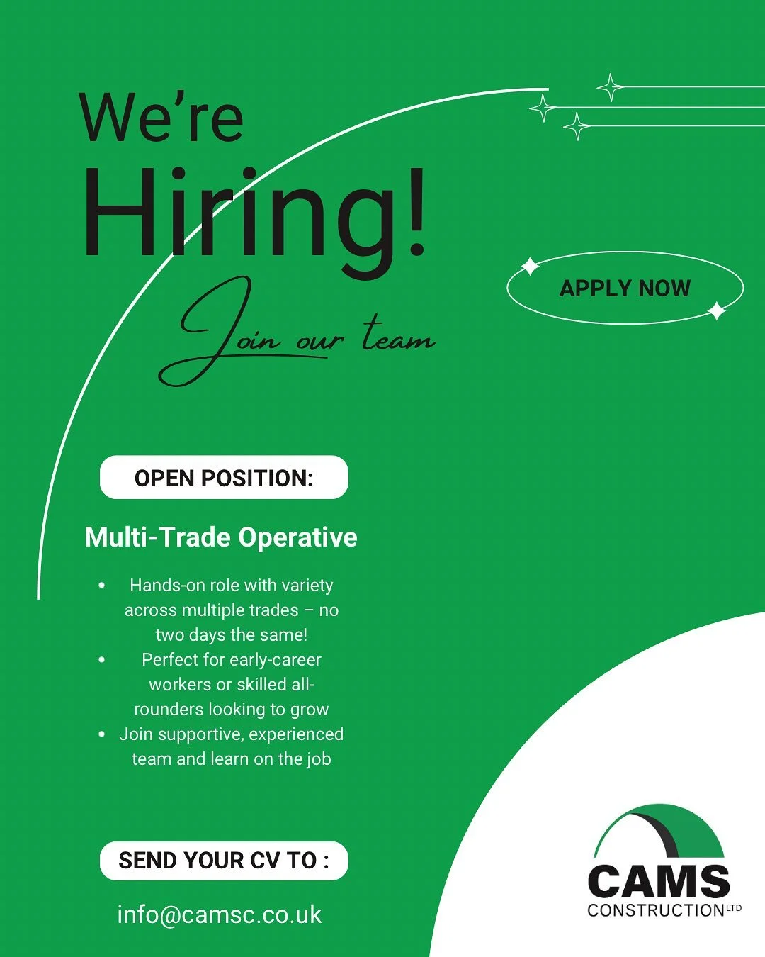 Are your or someone you know ready to roll up your sleeves and get started?
Send us a message with your CV and let&rsquo;s chat!
Email us on: info@camsc.co.uk ✨💫