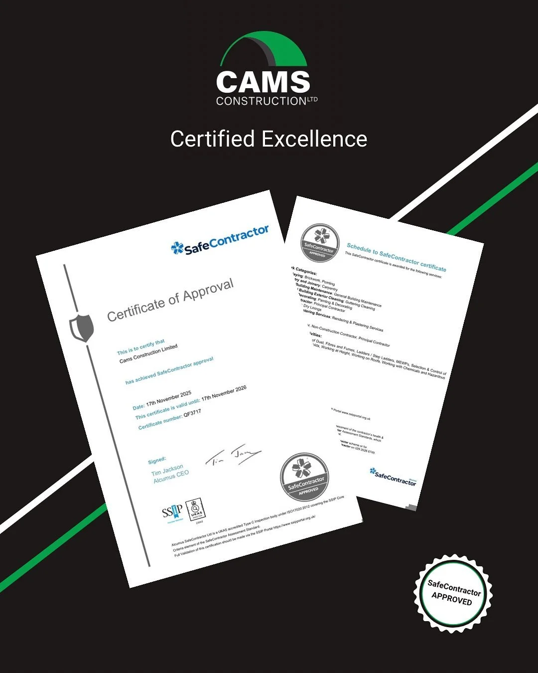 We are proud to announce that Cams Construction Limited has achieved Safe Contractor approval! 👏🏼

This certification highlights our commitment to safety and quality in the services we provide. This achievement reflects our dedication to maintainin