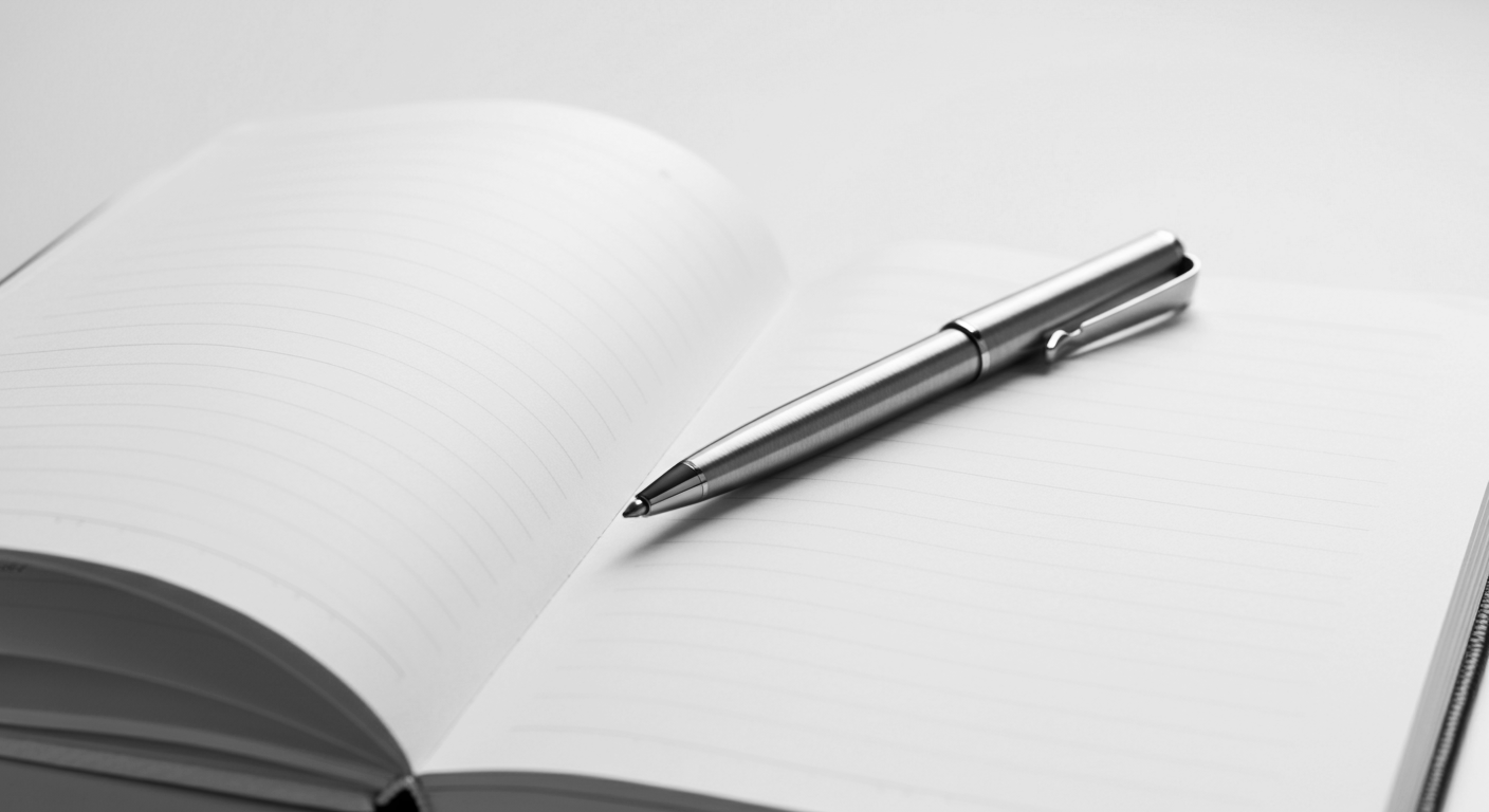 Open lined notebook with a silver pen resting on its pages.