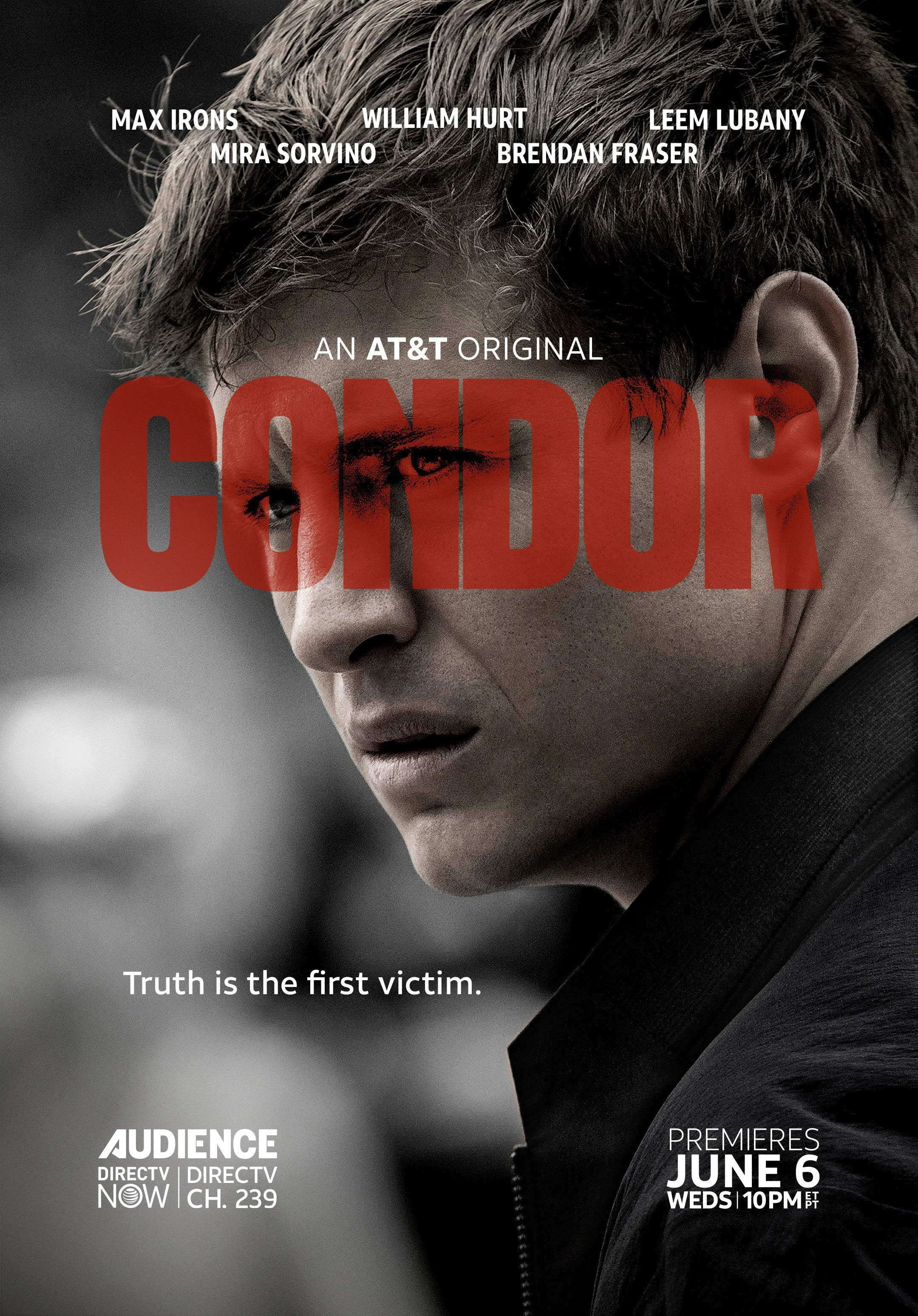 Close-up of a young man with messy hair looking to the side, with the title 'Confront' overlaid in bold red letters. Text mentions it is an AT&T original, with the tagline 'Truth is the first victim.' Premiere date June 6, 10 PM ET on DIRECTV Now, channel 239.