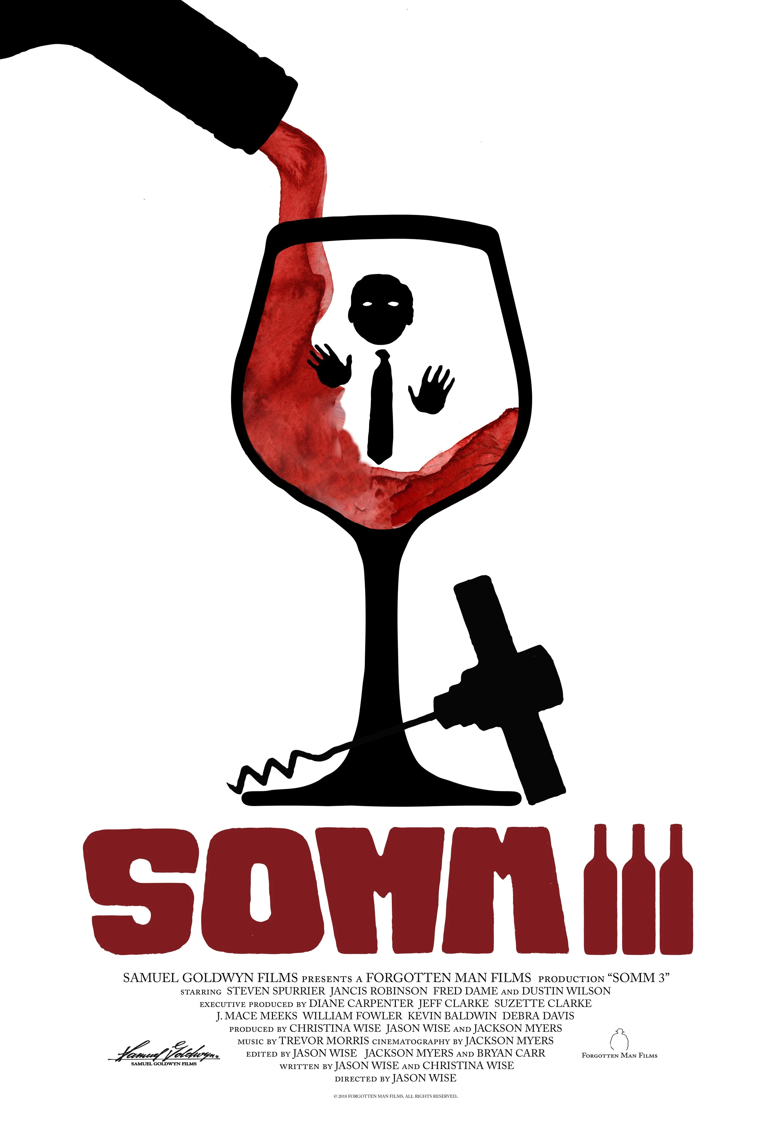 A watercolor illustration of a wine glass with a figure inside, representing a person with eyes and mouth, and red wine spilling out. A black hand with a pouring spout is pouring wine into the glass. The word 'SOMM' in bold red letters is below, with three wine bottles silhouette to the right of the word.