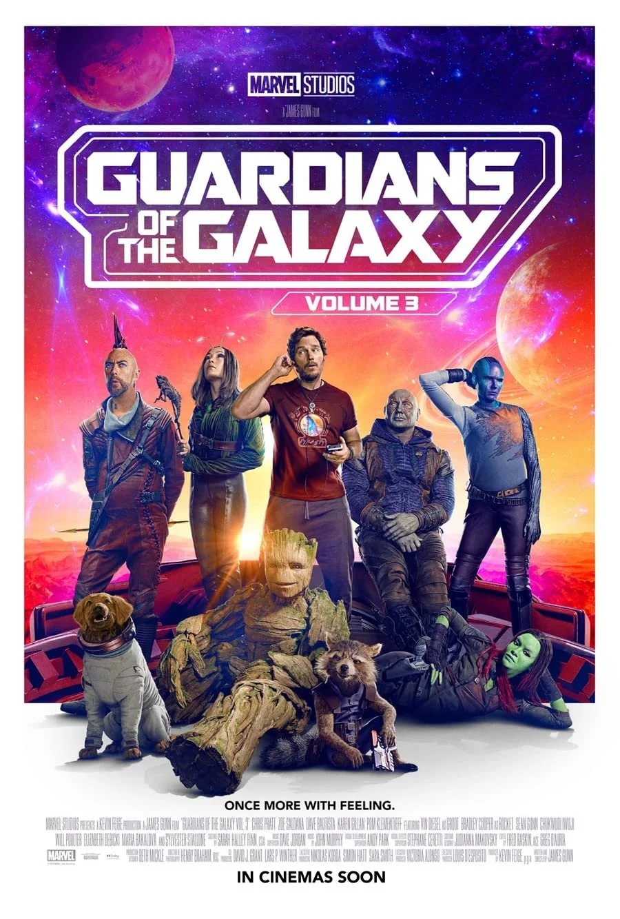 Cover poster for Marvel's Guardians of the Galaxy Volume 3 showing the main characters against a colorful cosmic background with planets.