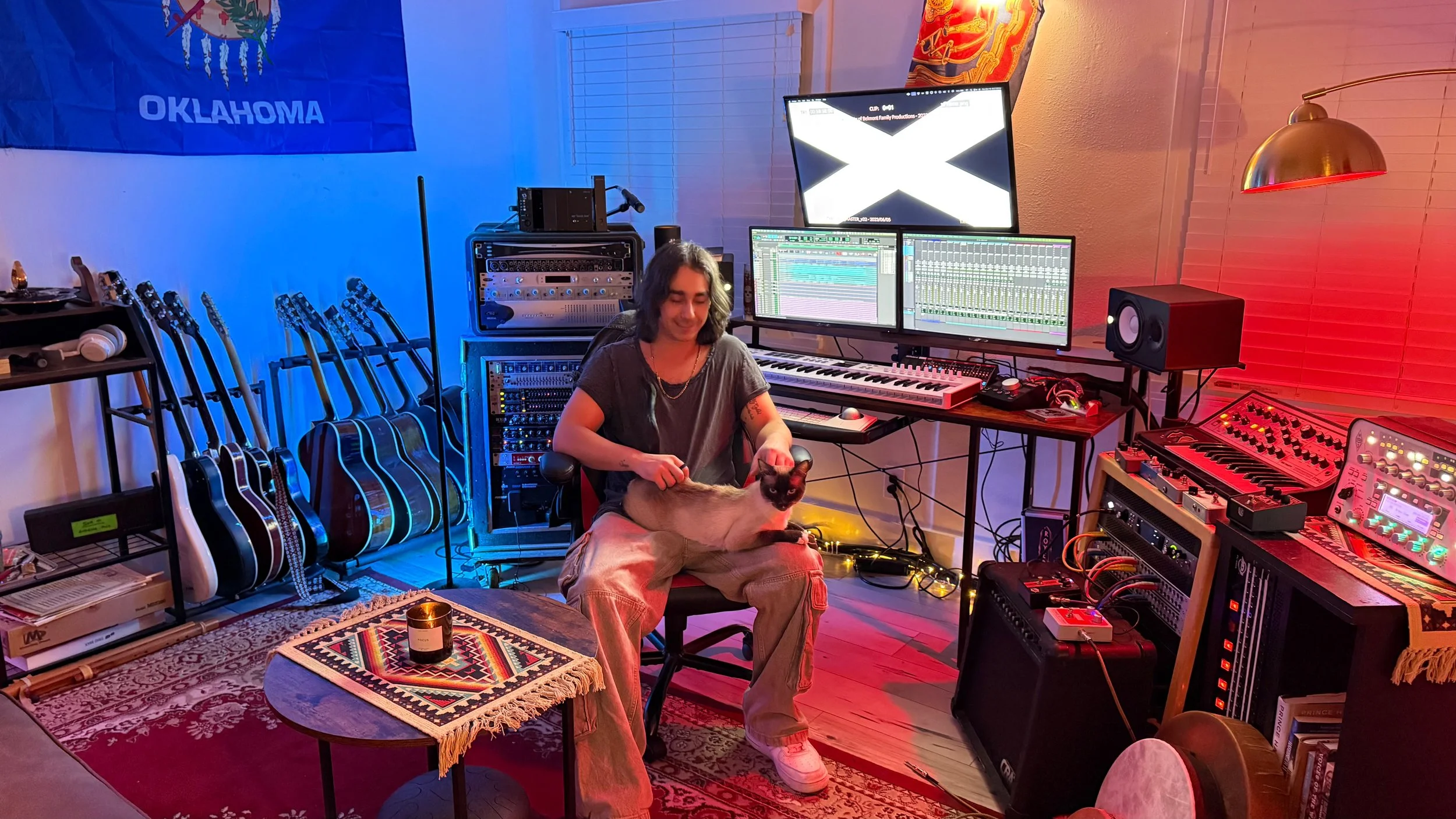 A person sitting in a music studio holding a Siamese cat. The studio has multiple guitars on a stand, a computer with three monitors displaying music production software, various audio equipment, and colorful lighting. There is a small table with a c