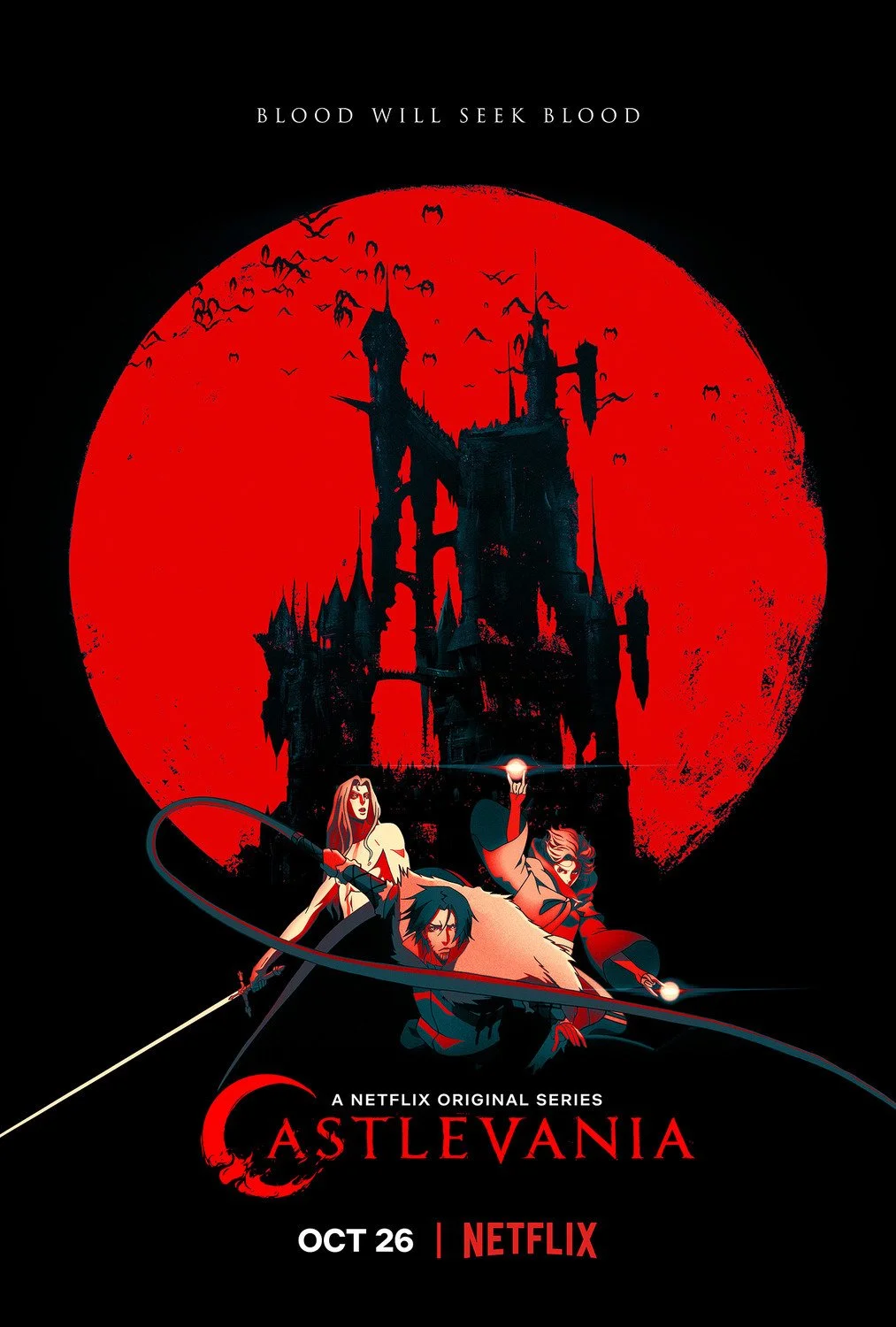 Poster for Netflix series "Castlevania" featuring a dark castle silhouetted against a red moon and three characters in front, one holding a sword, one with a whip, and the other with glowing orbs.