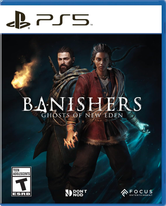 Cover art for PS5 game 'Banishers: Ghosts of New Eden' featuring a man and woman in fantasy attire. The man holds a torch, and the woman appears to wield some magic. The background is dark with some glowing effects.