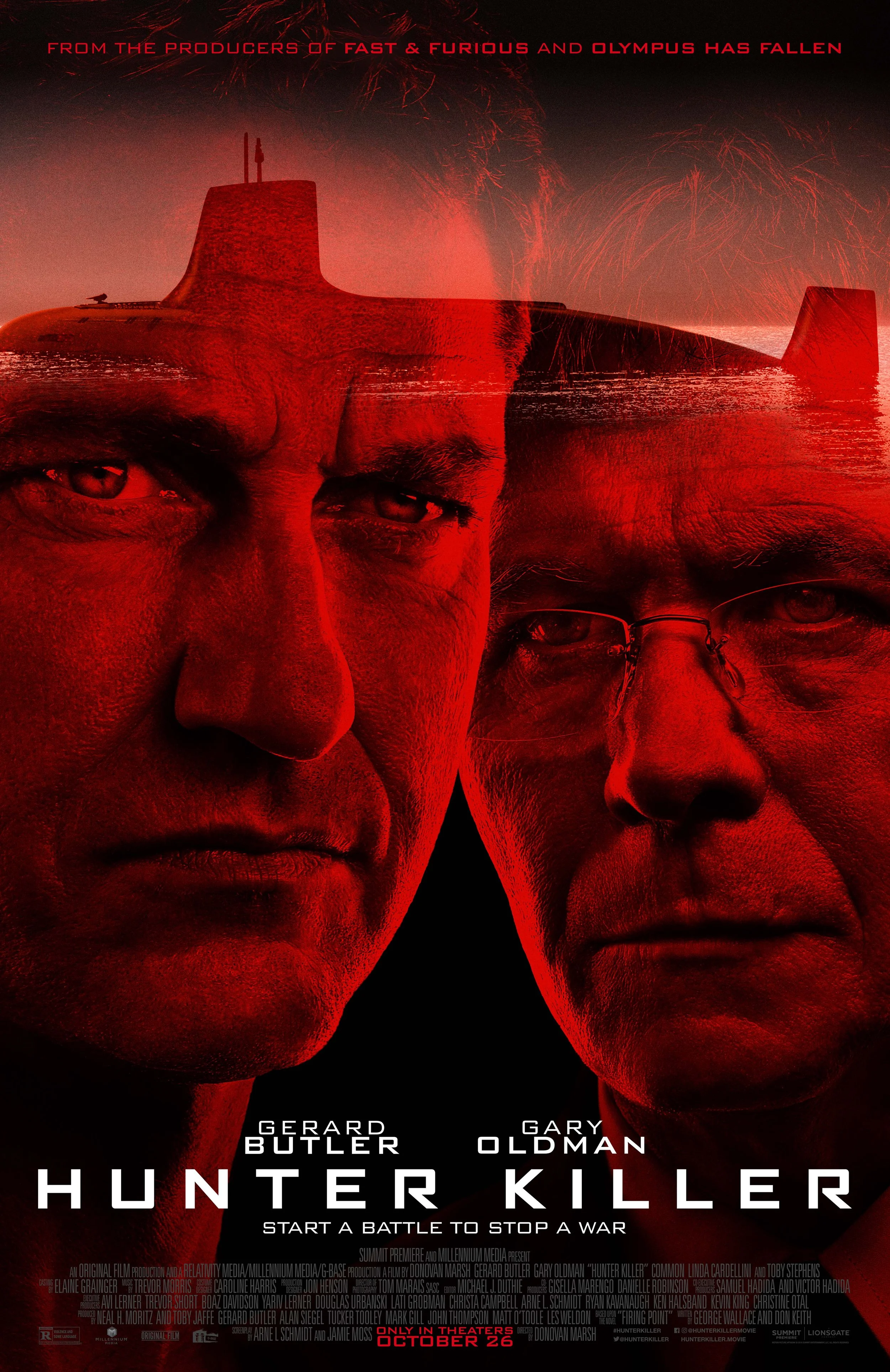 Red-toned movie poster for 'Hunter Killer' featuring close-up images of actors Gerard Butler and Gary Oldman with a submarine at the top, and the tagline "Start a battle to stop a war".