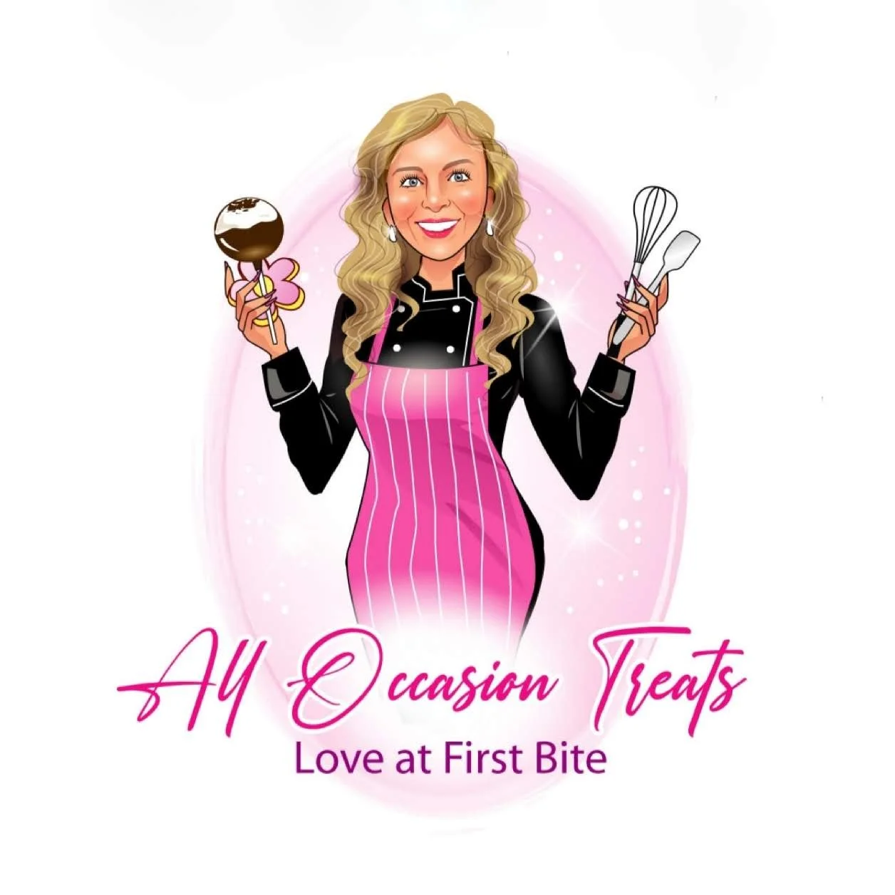 Illustration of a woman with blonde, curly hair wearing a black chef's coat and pink striped apron, holding a lollipop and a whisk with a spatula, with pink and purple background and the text 'All Occasion Treats Love at First Bite'.