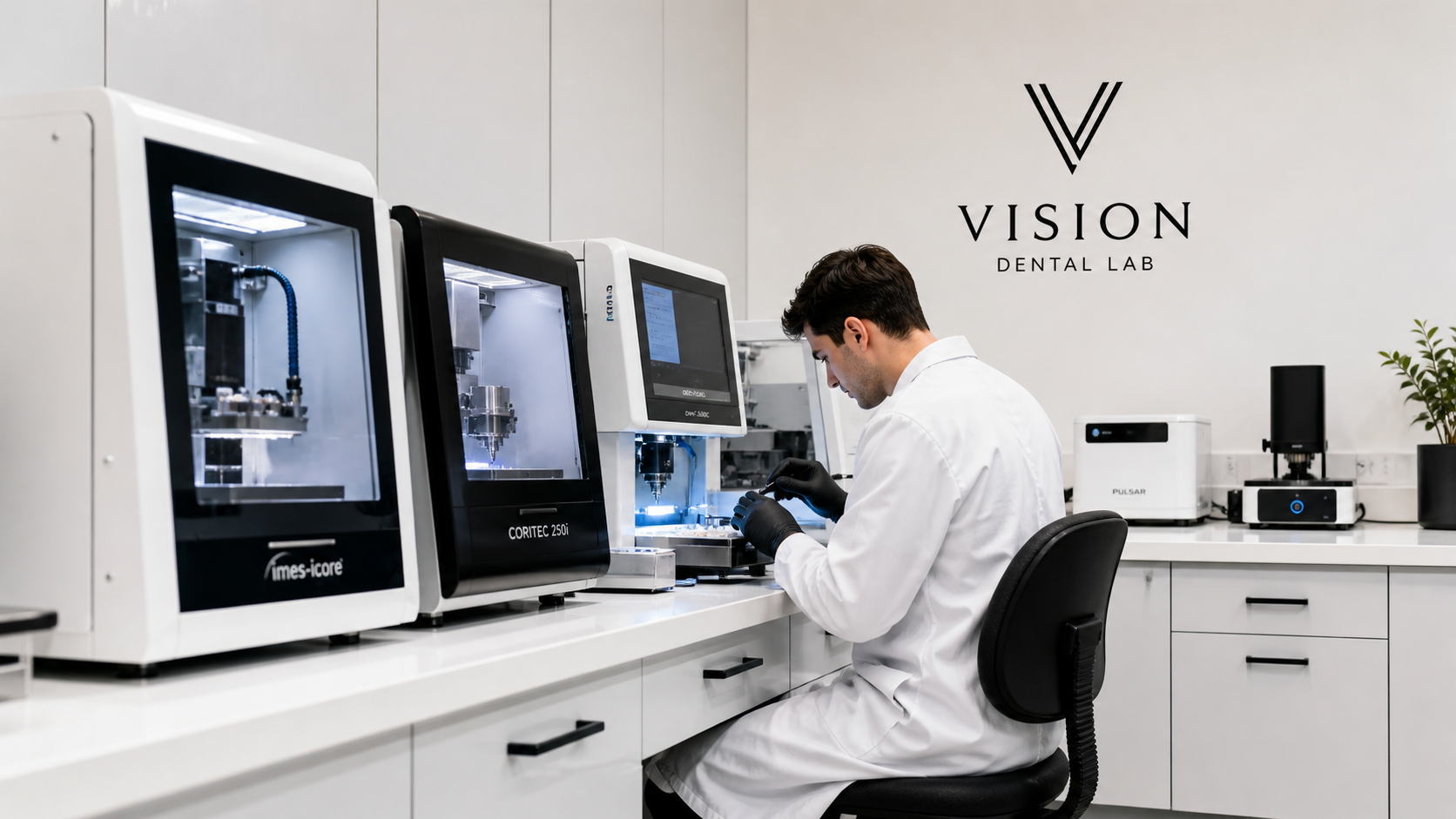 A scientist in a white lab coat and black gloves working with laboratory equipment at a clean, modern dental lab, with the sign "VISION Dental Lab" on the wall.