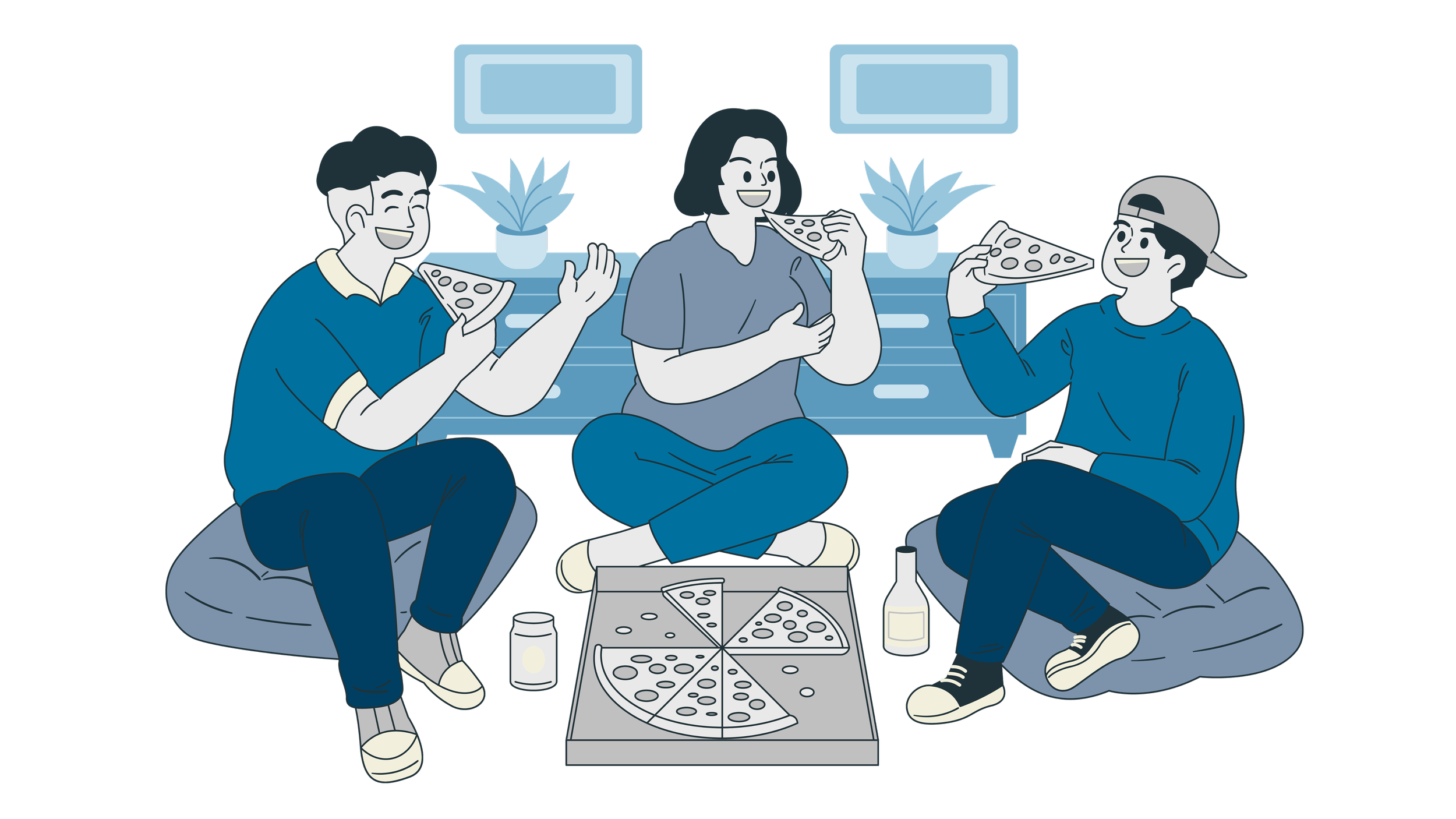 Three friends sitting on cushions, eating pizza, with drinks and plants in the background, in a cozy indoor setting.