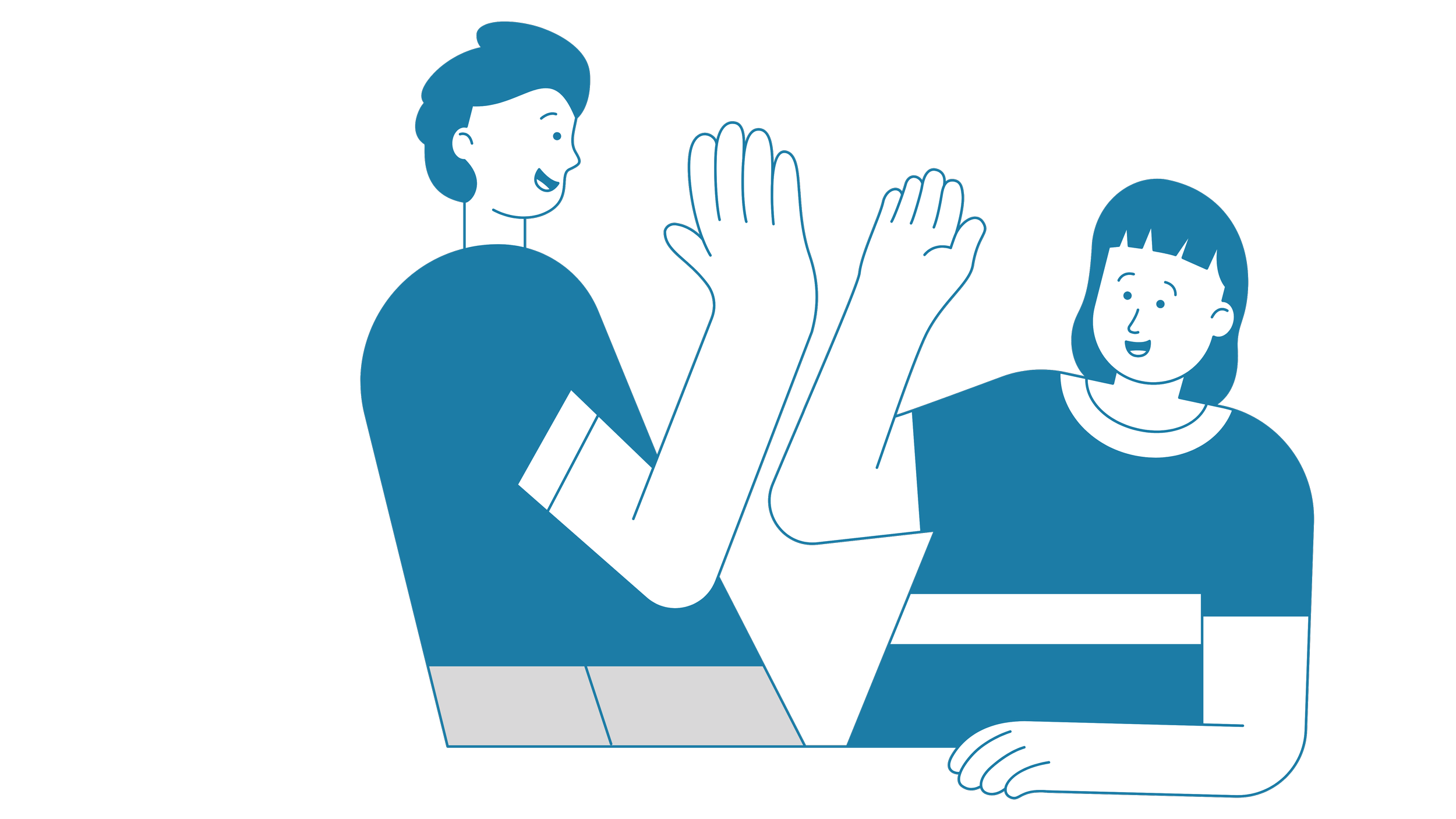 Illustration of two young people giving high fives, one sitting at a laptop and the other standing.