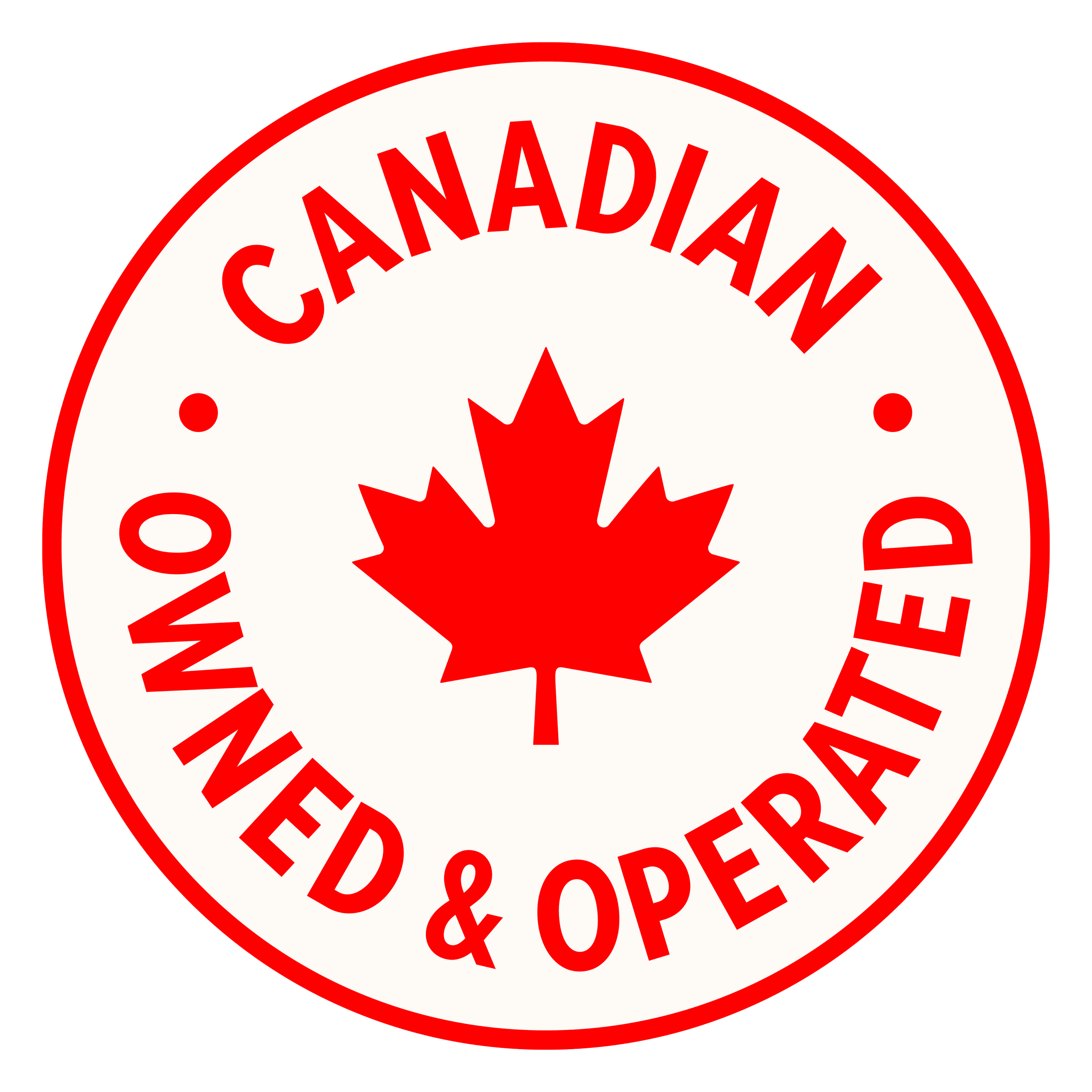 Canadian warranty and operations seal with red maple leaf in the center and red text on a white background.