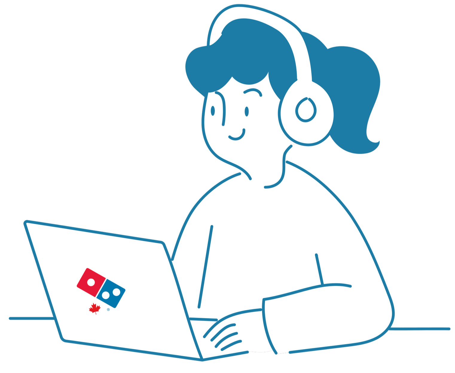 Illustration of a person with blue hair wearing headphones, sitting at a table and using a laptop with Domino's Pizza logo stickers.