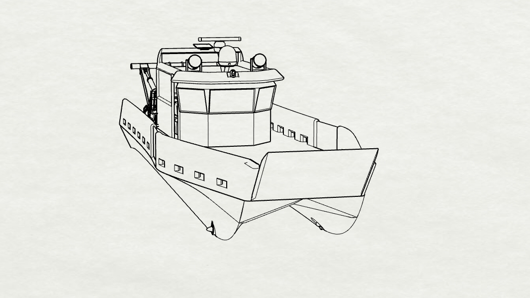 Line drawing of a boat with a cabin and radar equipment on top