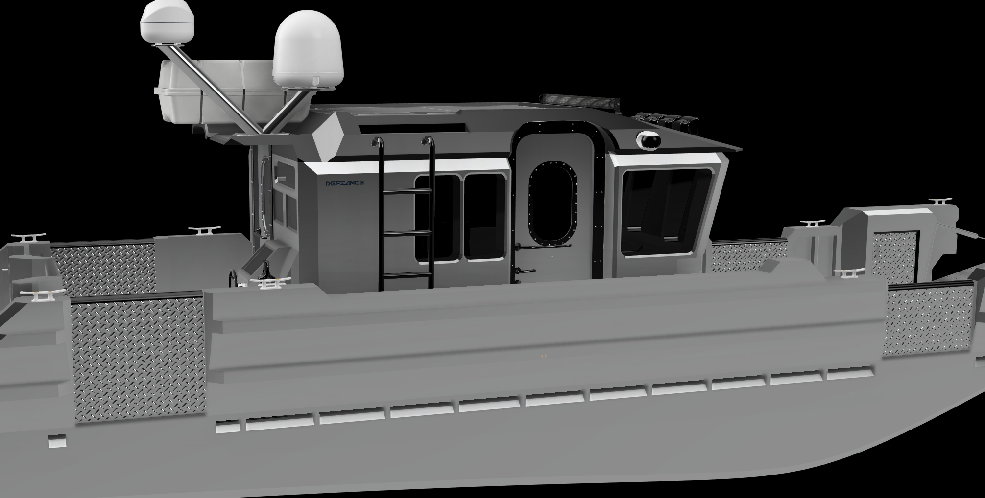 A grayscale digital model of a boat with a small enclosed cabin, railings, and radar equipment on the roof.