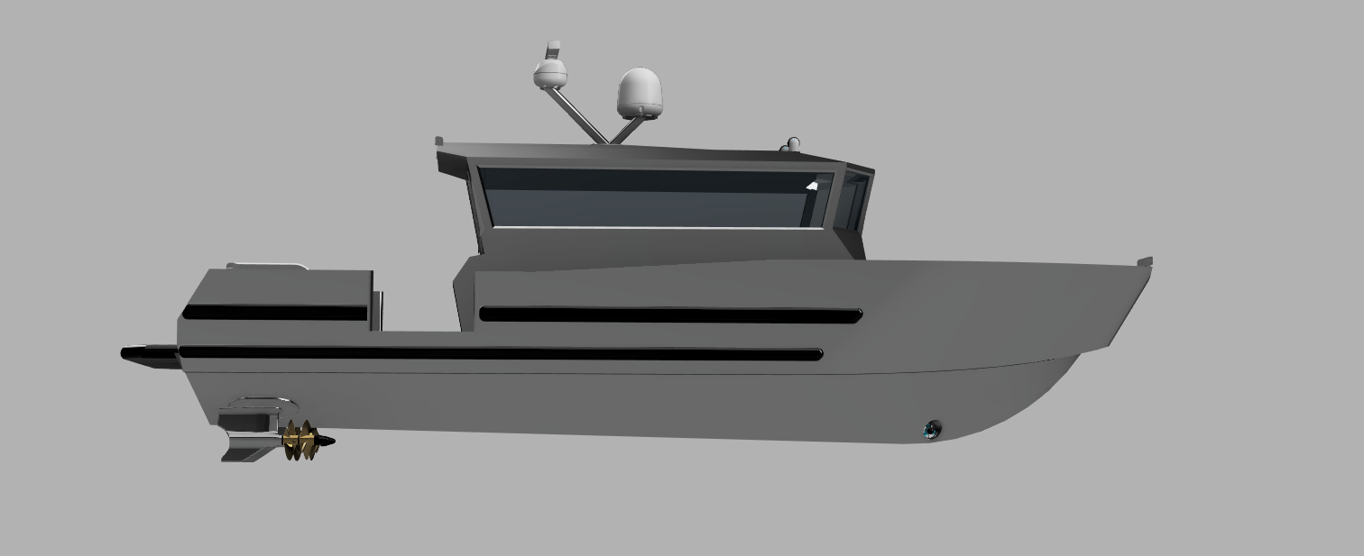 A digital rendering of a gray yacht with a modern design, featuring antennas and navigation equipment on its roof, seen from the side against a plain background.