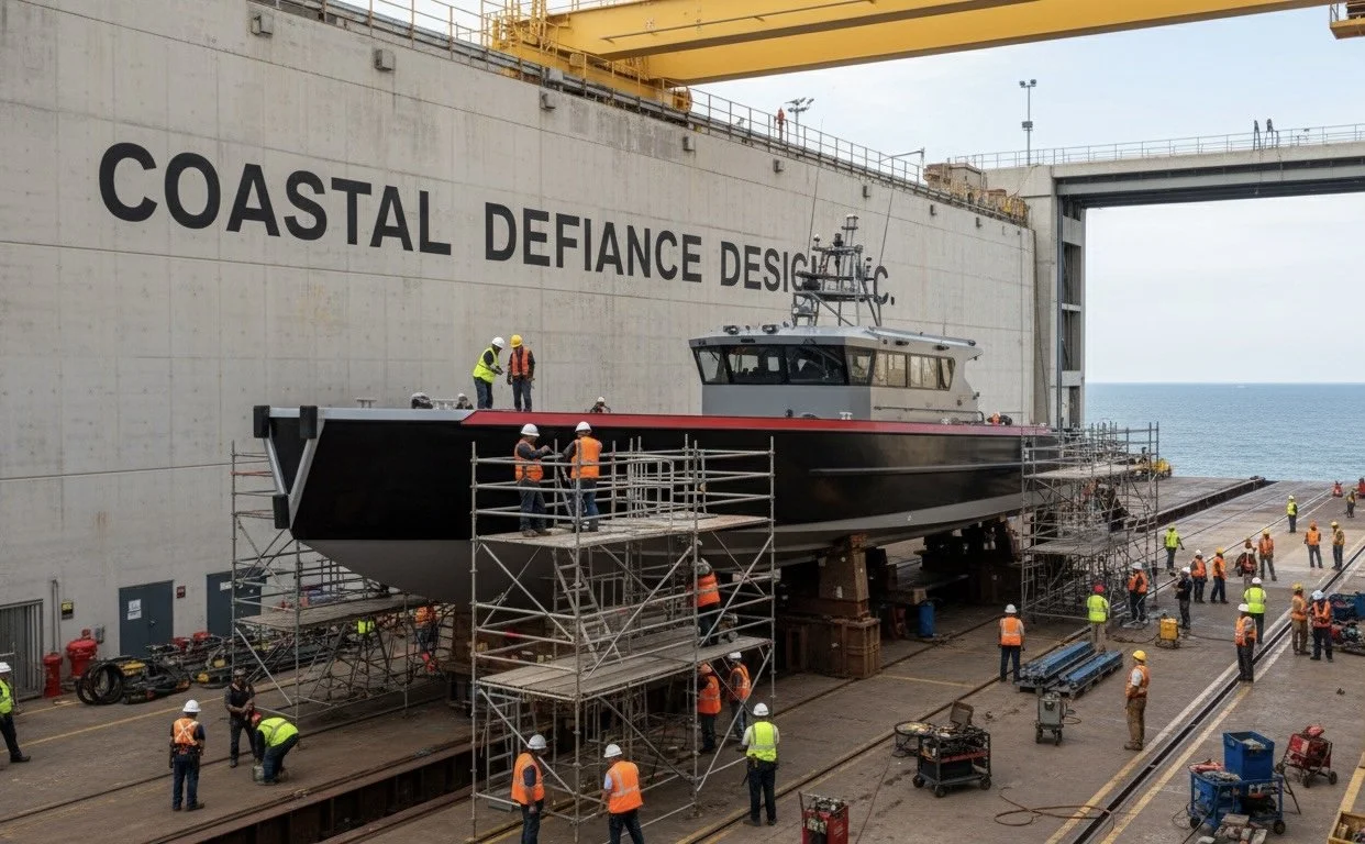 Construction workers in safety vests and helmets working on a boat in a shipyard, with scaffolding around the vessel and a large wall reading 'COASTAL DEFENCE DESIGN' in the background.