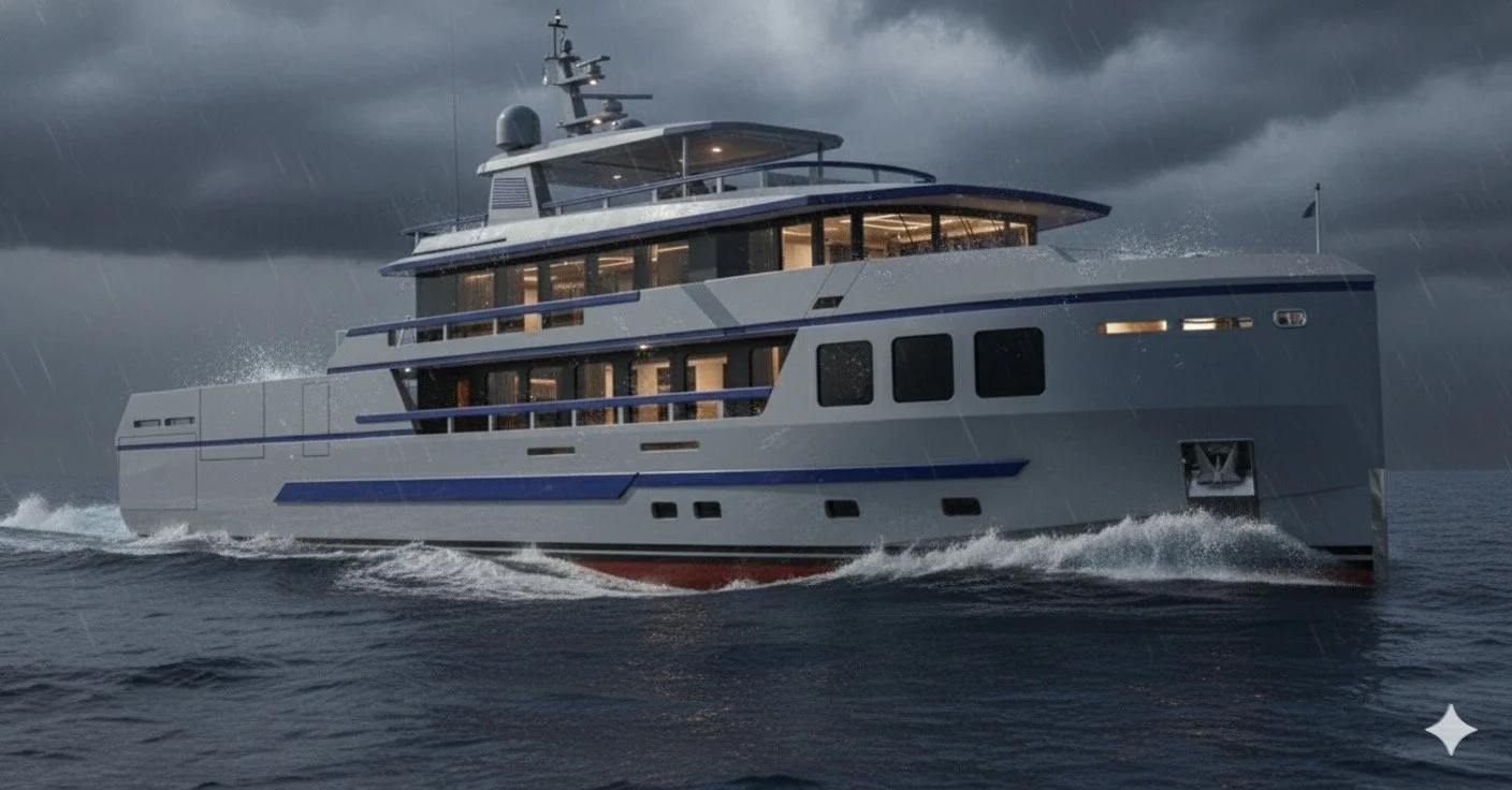 A large modern yacht sailing in stormy weather with dark clouds and rain.