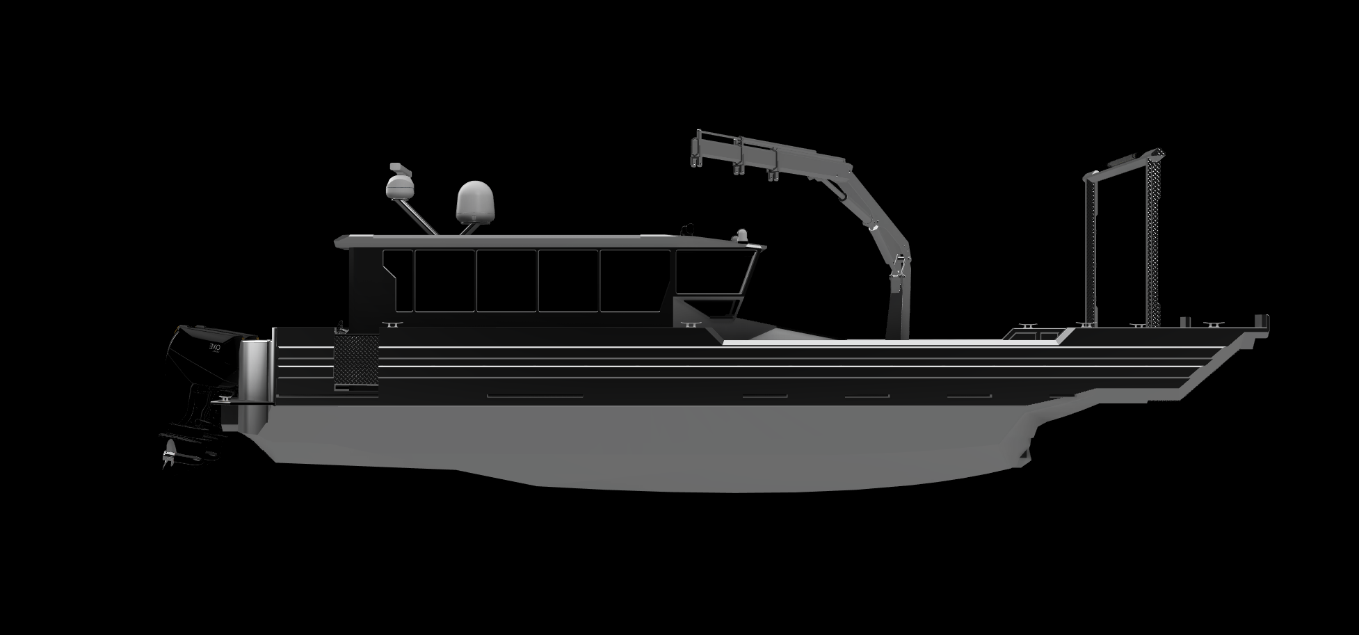 Black and gray boat with a crane and chains.