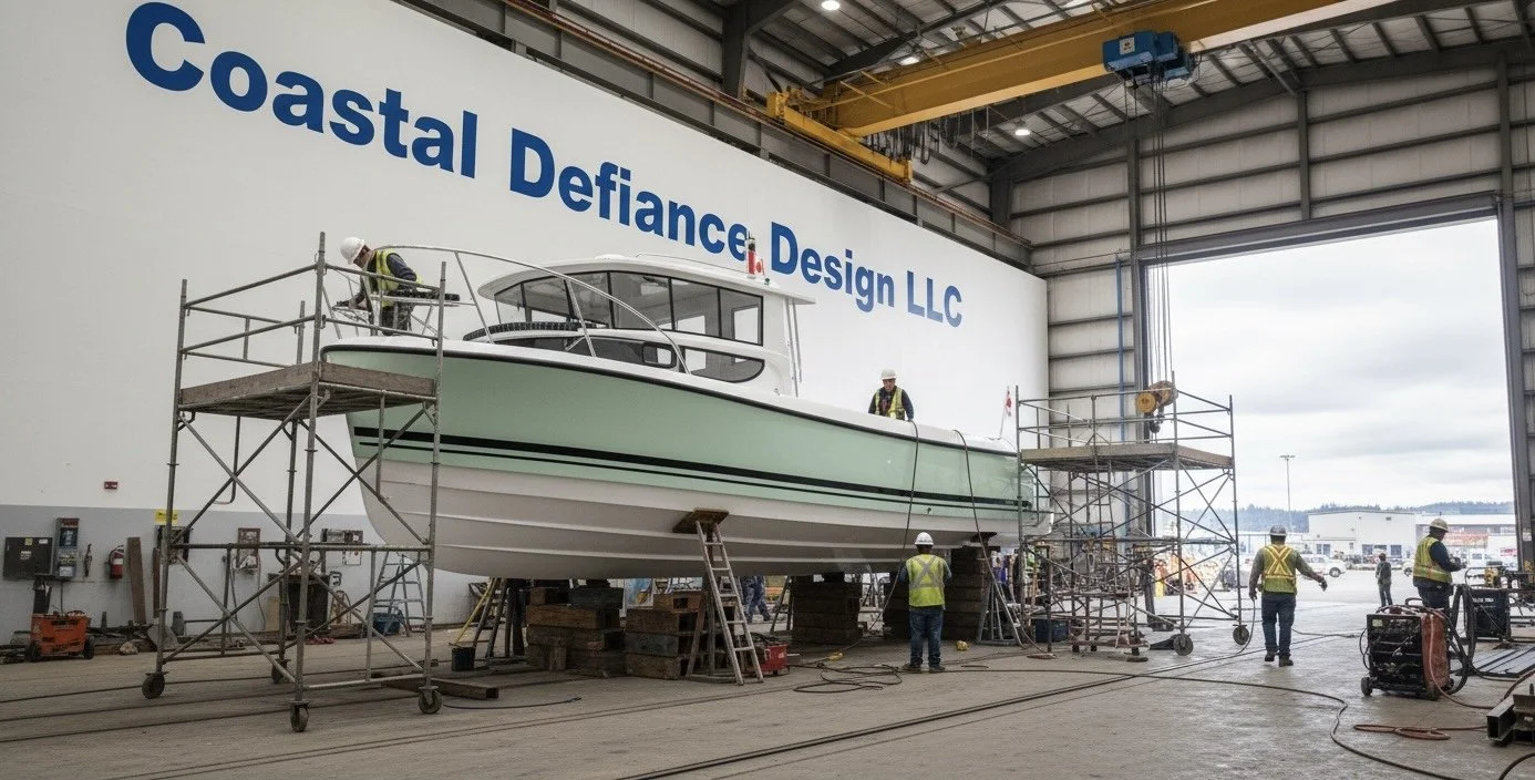 Inside an aircraft hangar, workers wearing safety vests and helmets are working on a large boat that is elevated on travel blocks. The hangar has the words "Coastal Defiance Design LLC" on the wall and a large open door revealing an outdoor area.