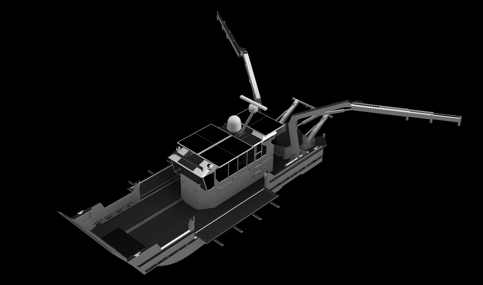 3D rendering of a ship with solar panels on roof and robotic arms on deck, isolated on black background.