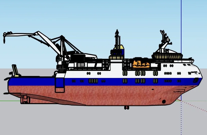 Digital drawing of a large ship with a blue and red hull, various cranes, and equipment on deck, set against a light blue sky.