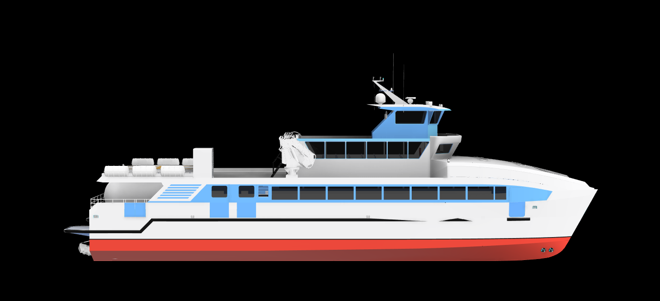 A large fishing or pleasure boat with white, blue, and red coloring, set against a black background.