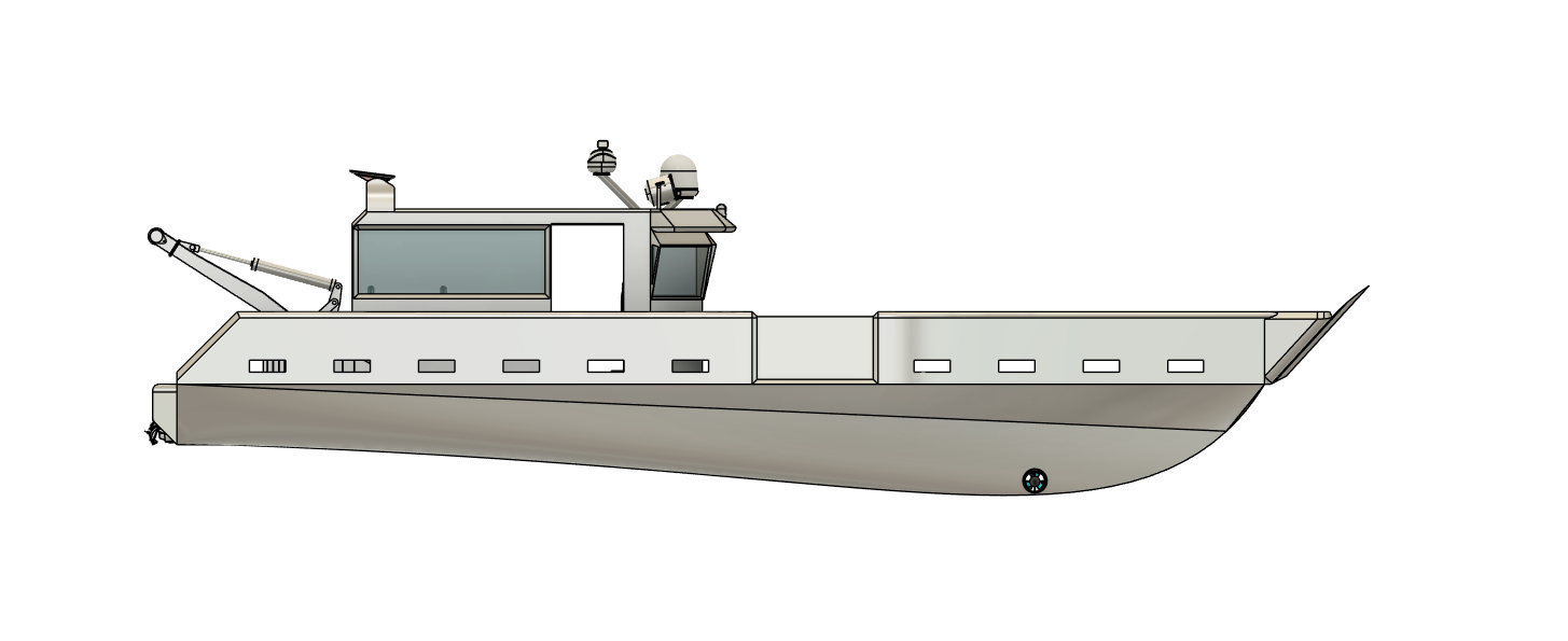 Digital illustration of a boat with a modern, angular design, featuring a cabin with large windows, radar and communication equipment on top, and a crane arm at the stern.