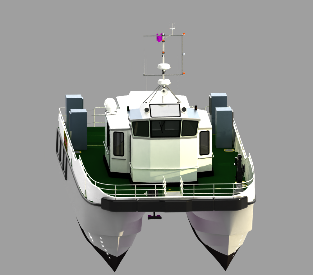 Front view of a white boat with a green deck, equipped with antennas, radar, and communication devices, against a gray background.