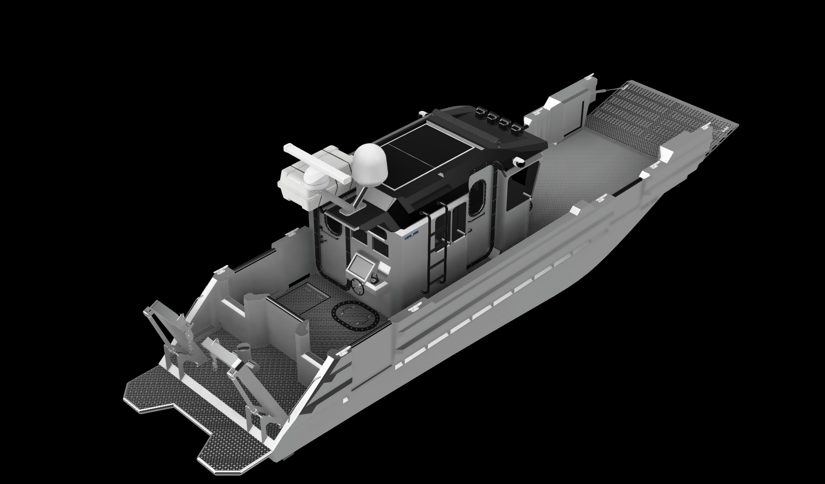 3D rendering of a small boat's interior with controls, a ladder, and equipment inside