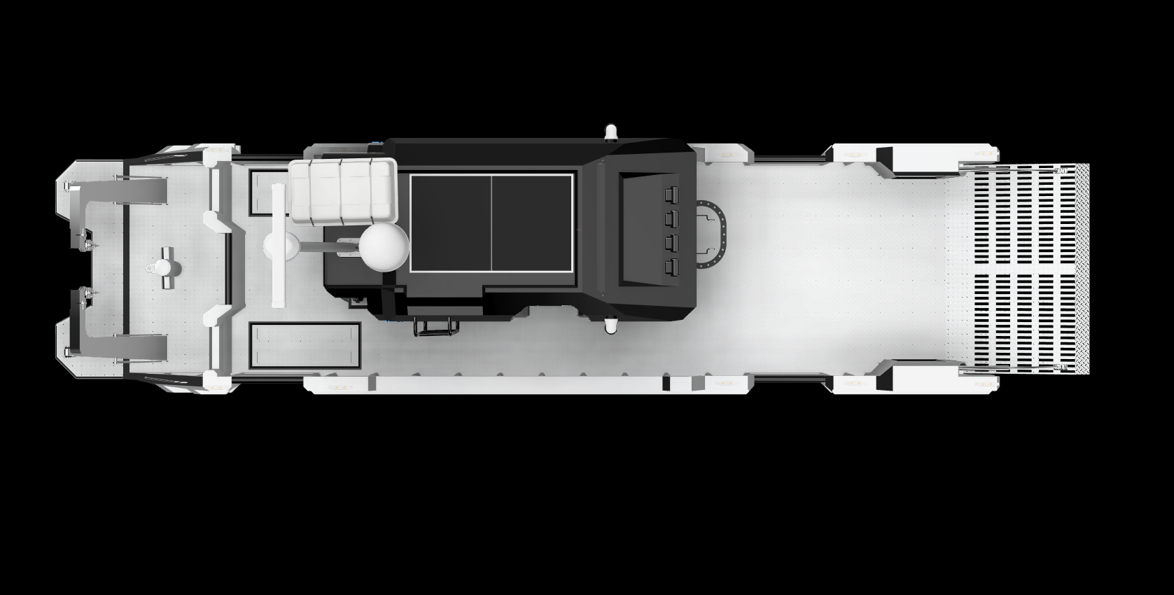 Top-down view of a modern, luxury RV with a sleek black and white exterior, including an open rear cargo area and various windows along the sides.