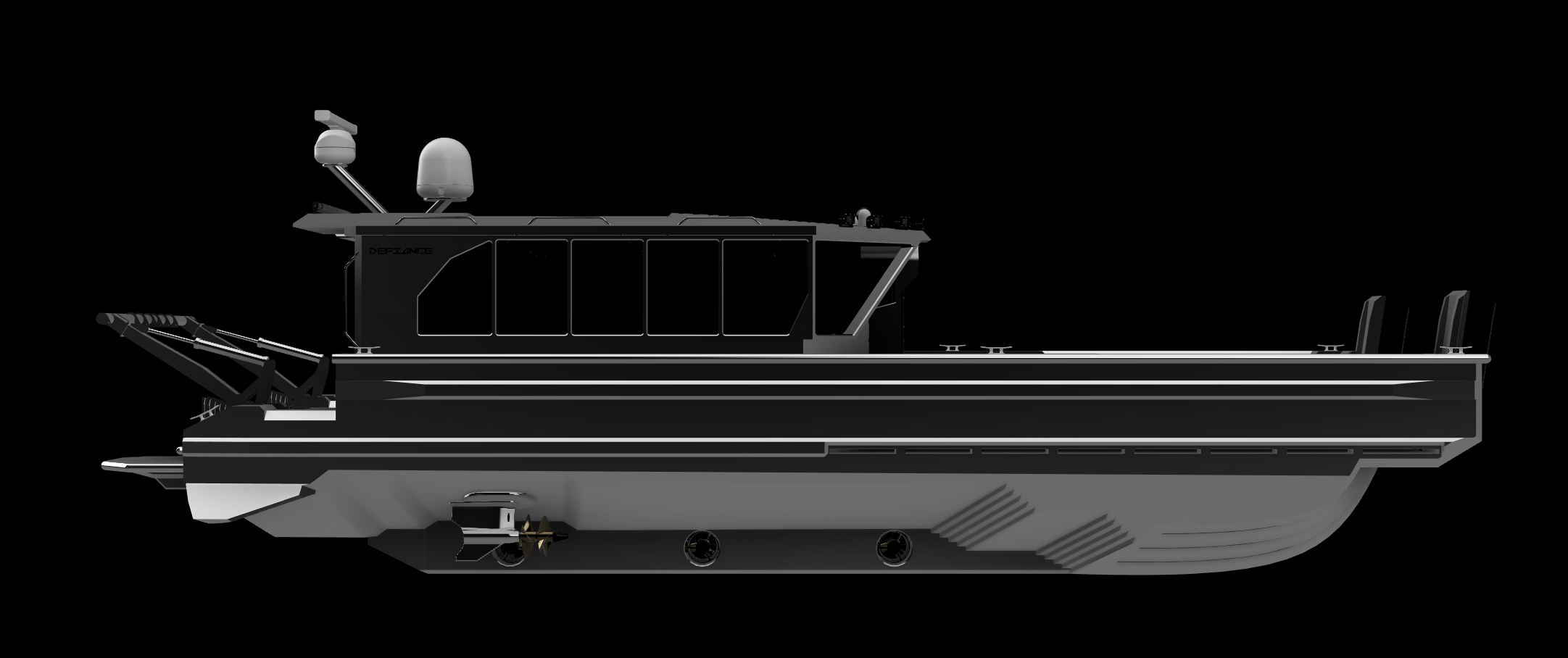 A digital rendering of a modern, sleek black and gray boat with a cabin, radar, and navigation equipment, set against a black background.