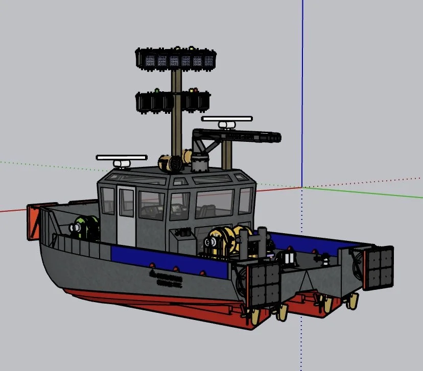 3D model of a boat with equipment and antennas.
