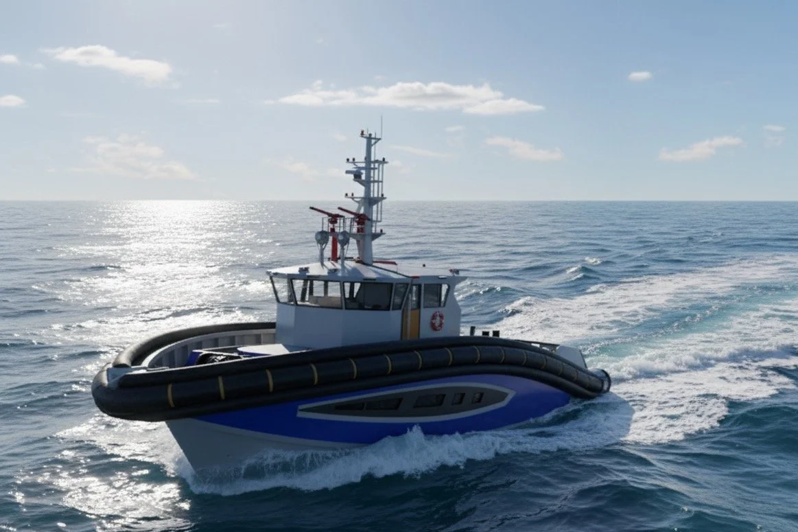 A small rescue boat moving through the ocean with a calm sea and blue sky in the background.
