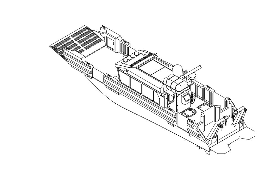 Line drawing of a boat with a large, enclosed cabin and open deck space at the front and rear.