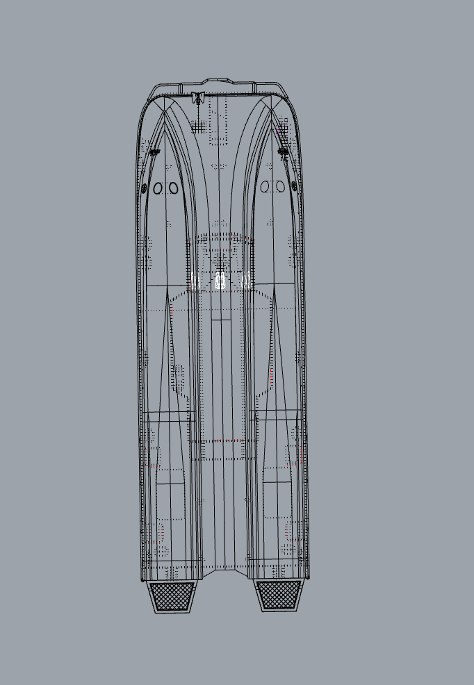 Blueprint drawing of a ski, showing detailed measurements and design features.