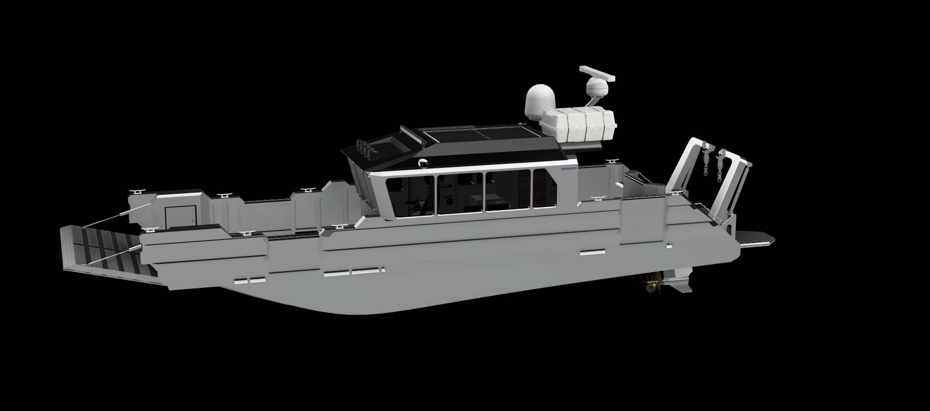 A digital rendering of a modern patrol boat with a streamlined gray hull and a black and gray enclosed control cabin, equipped with radar and communication antennas, against a black background.