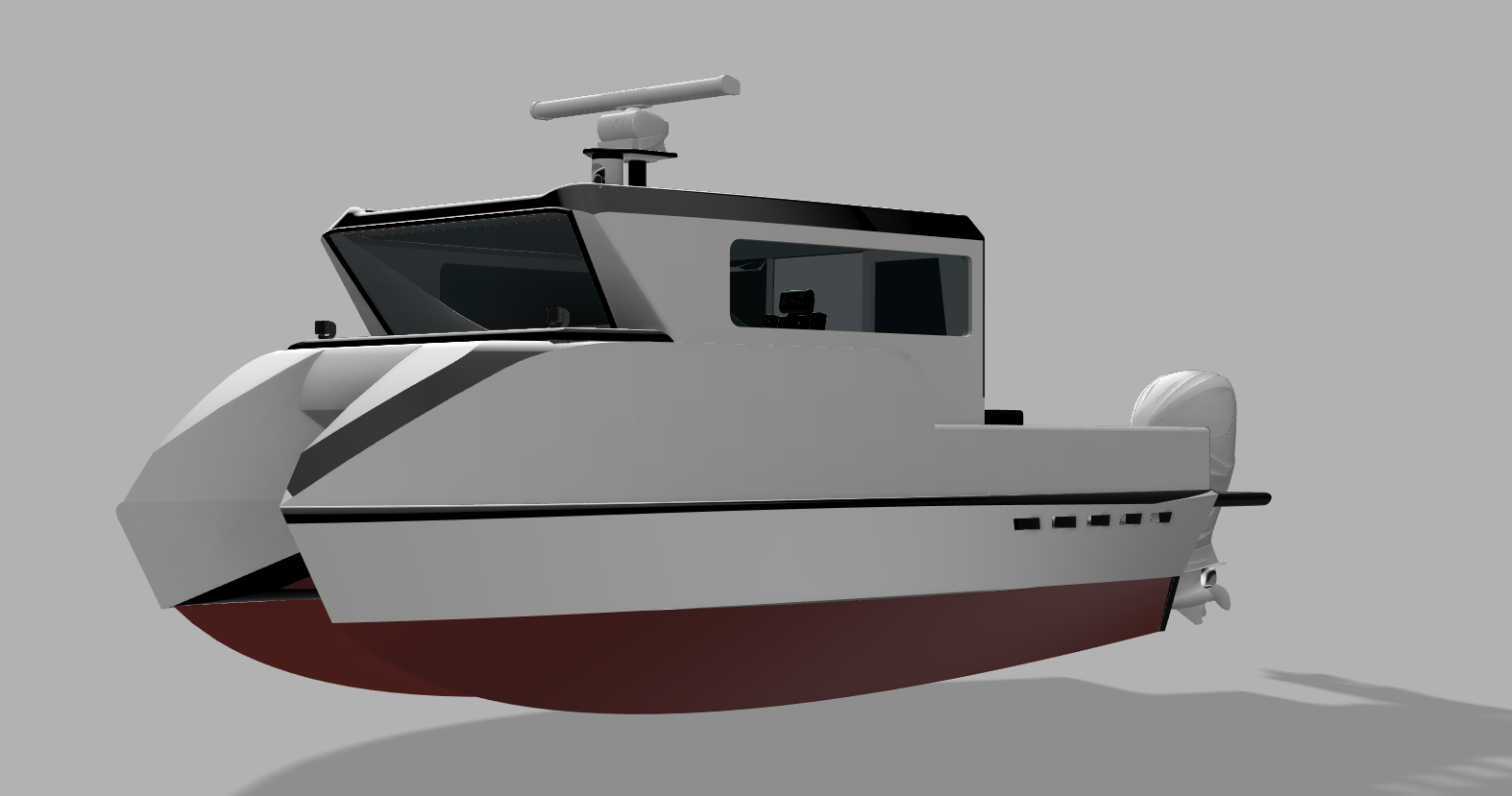 3D rendering of a modern motorboat with a white hull and red bottom, featuring a black stripe and a radar system on top, isolated on a gray background.
