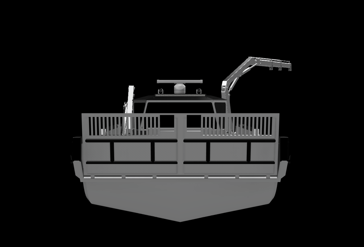 Front view of a gray and black industrial crane vessel with a large deck and equipment, set against a black background.
