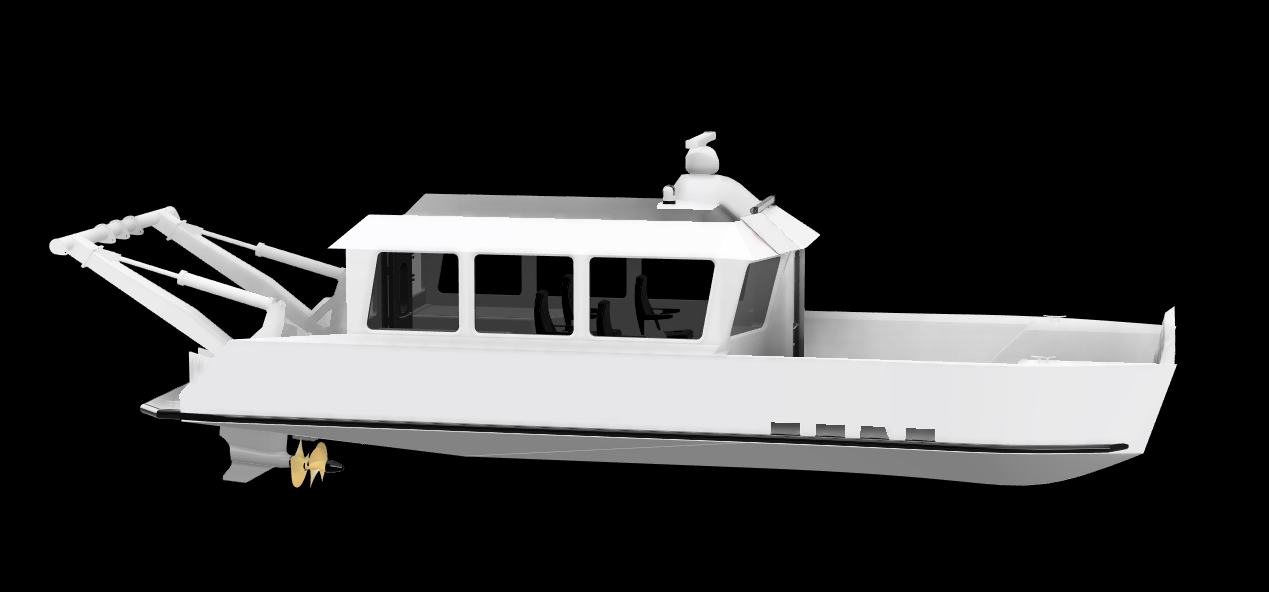 A white boat with an enclosed cabin, propeller, and crane, isolated on a black background.