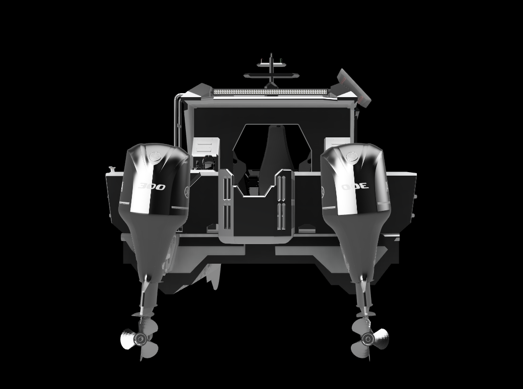 View of a futuristic boat with dual outboard motors and a modern dashboard against a black background.