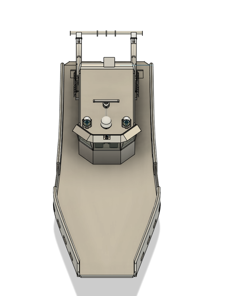 Top view of a boat with a control area that includes a map, two steering wheels, and two cameras.